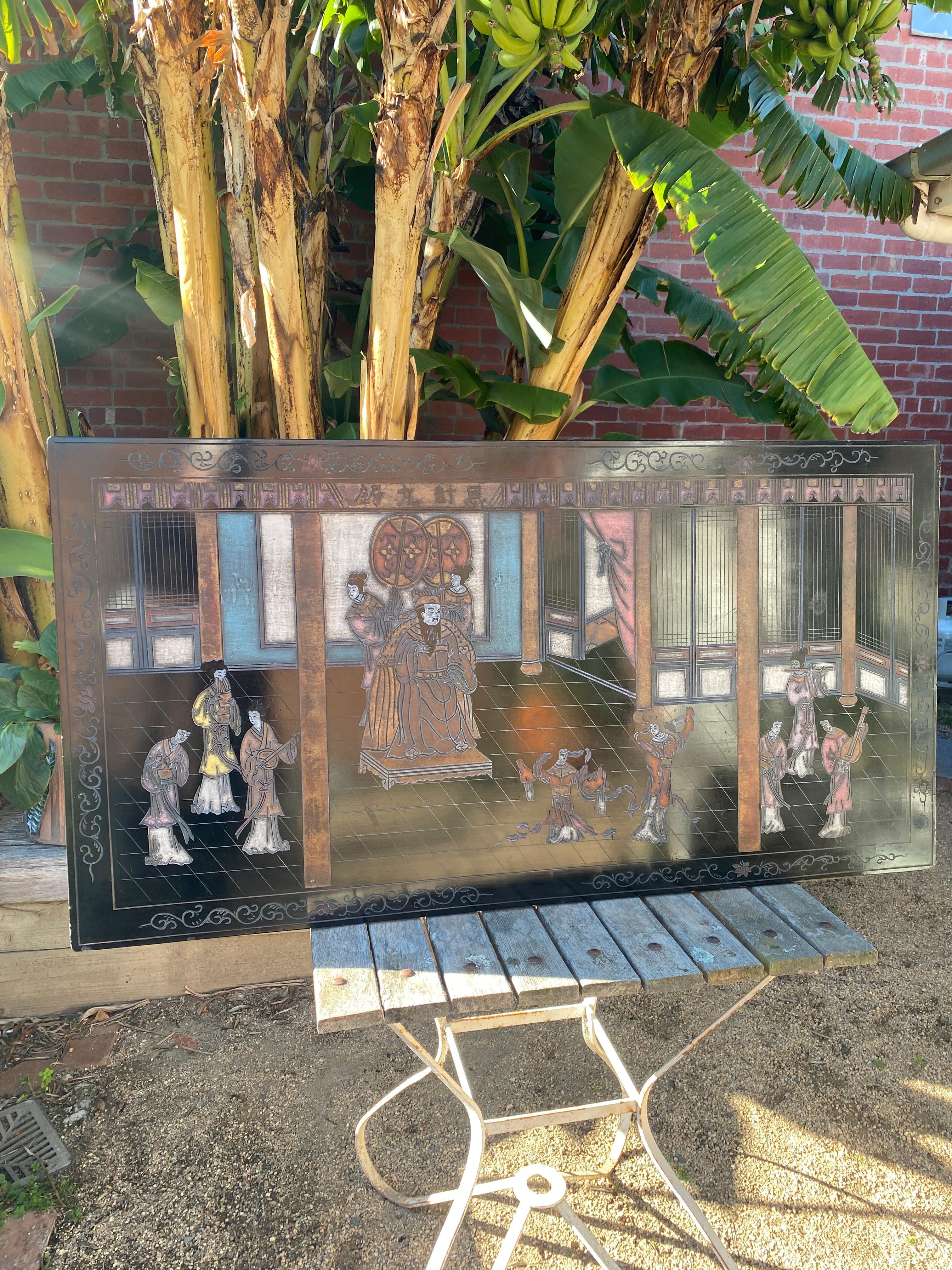 Panel lacado tallado Coromandel negro de exportación china de los años 70 por Zhongkun en venta 11