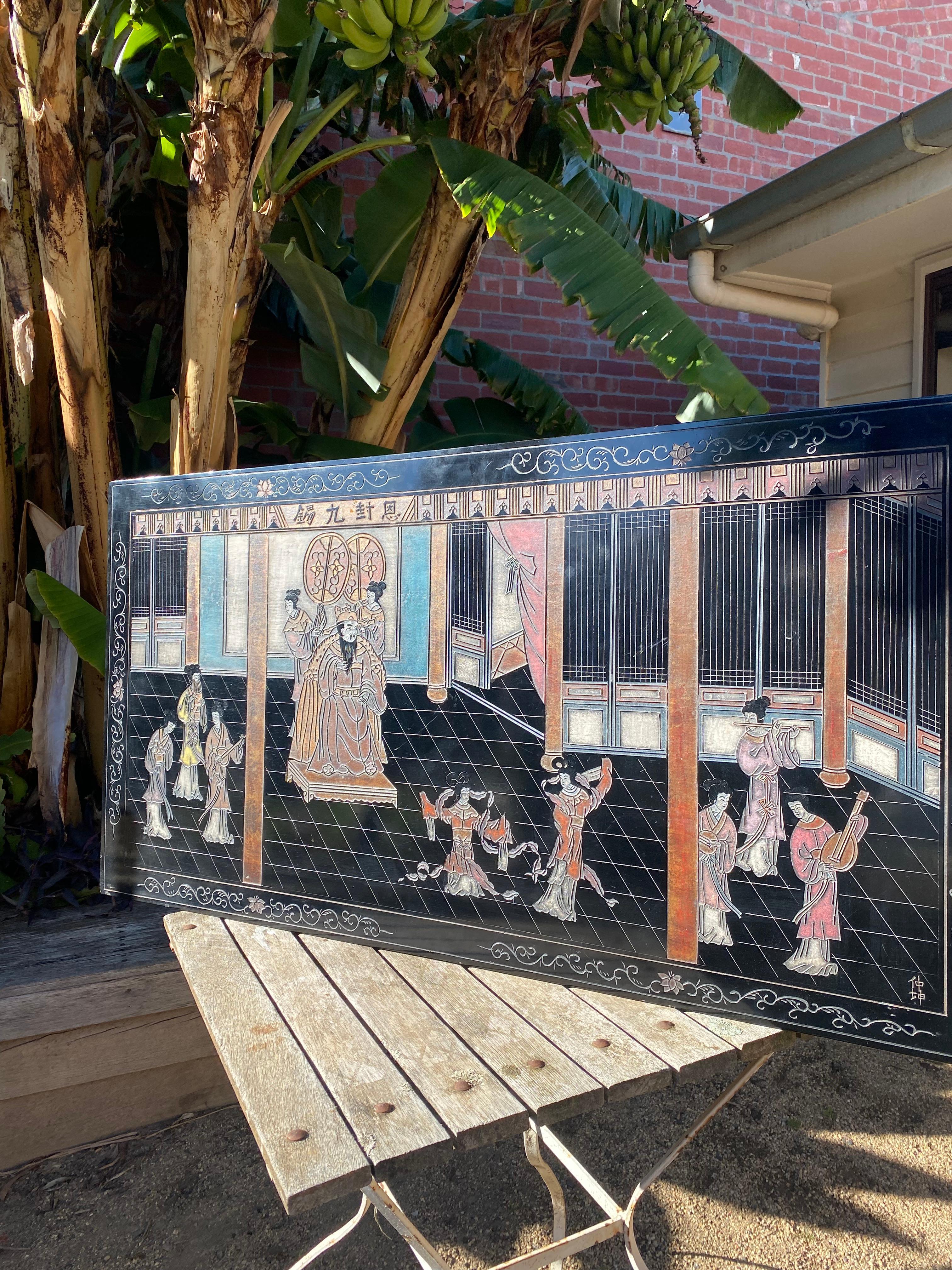 Panel lacado tallado Coromandel negro de exportación china de los años 70 por Zhongkun en venta 12