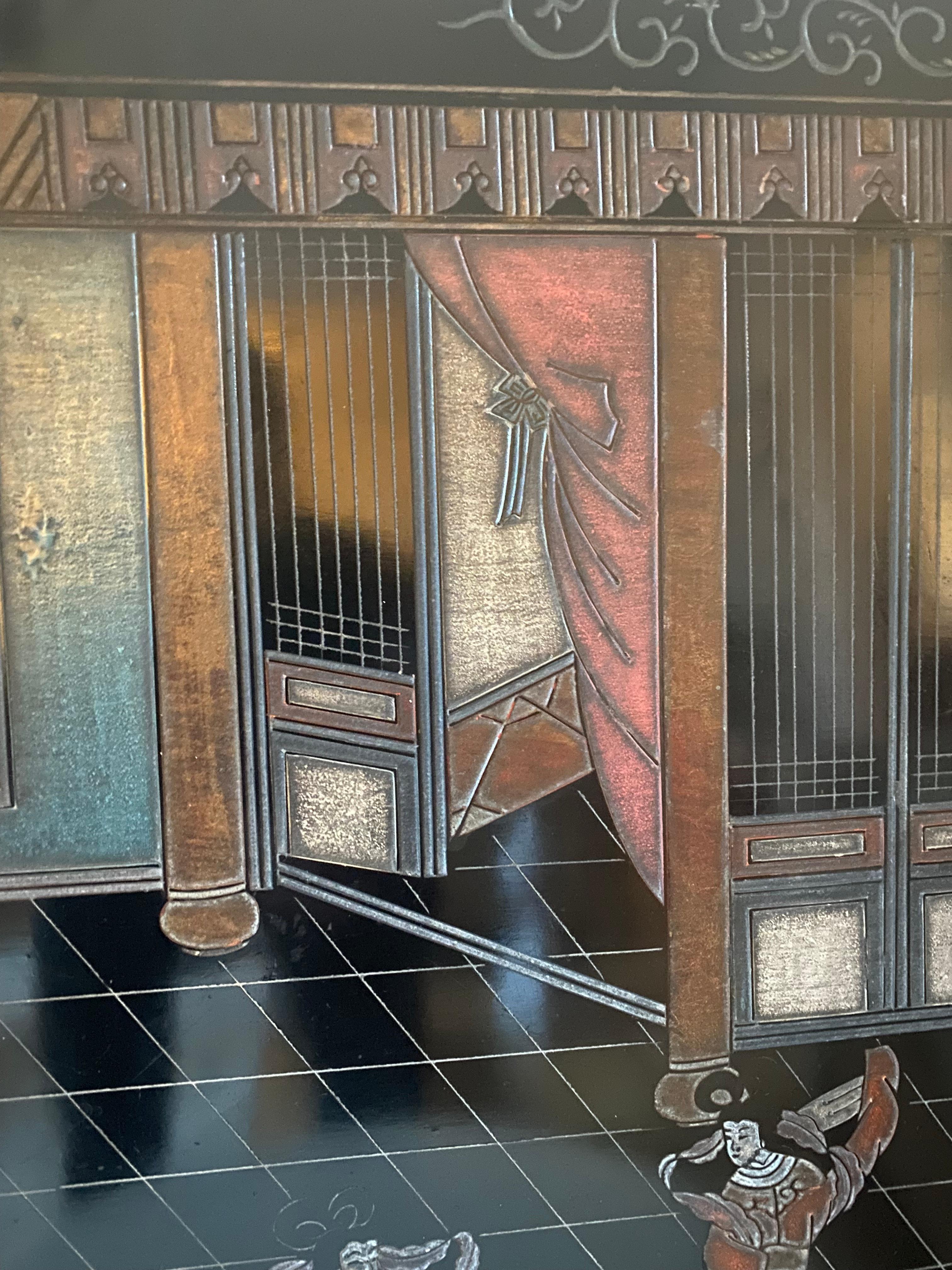 Panel lacado tallado Coromandel negro de exportación china de los años 70 por Zhongkun Hong Kong en venta