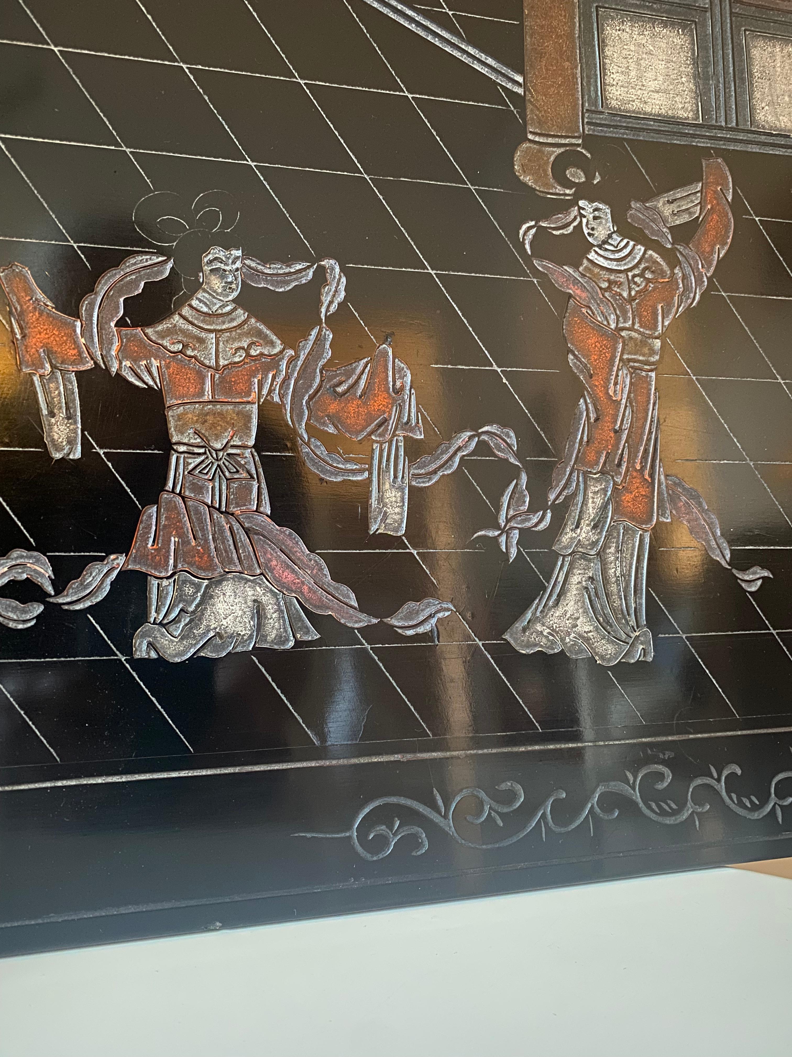 Panel lacado tallado Coromandel negro de exportación china de los años 70 por Zhongkun Tallado a mano en venta