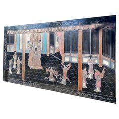 1970 Exportation chinoise Panneau en laque noir de Coromandel sculpté par Zhongkun