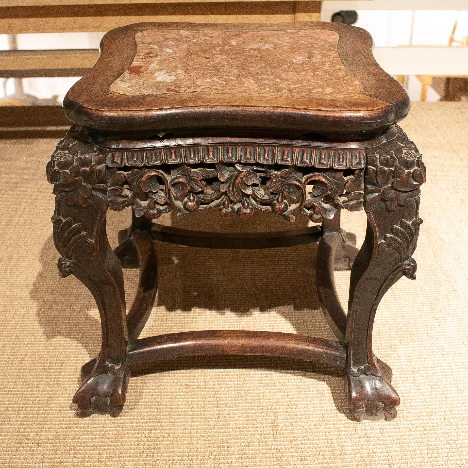 20th Century 1970s Chinese Hand Carved Ornate Mahogany Table with Marble Top