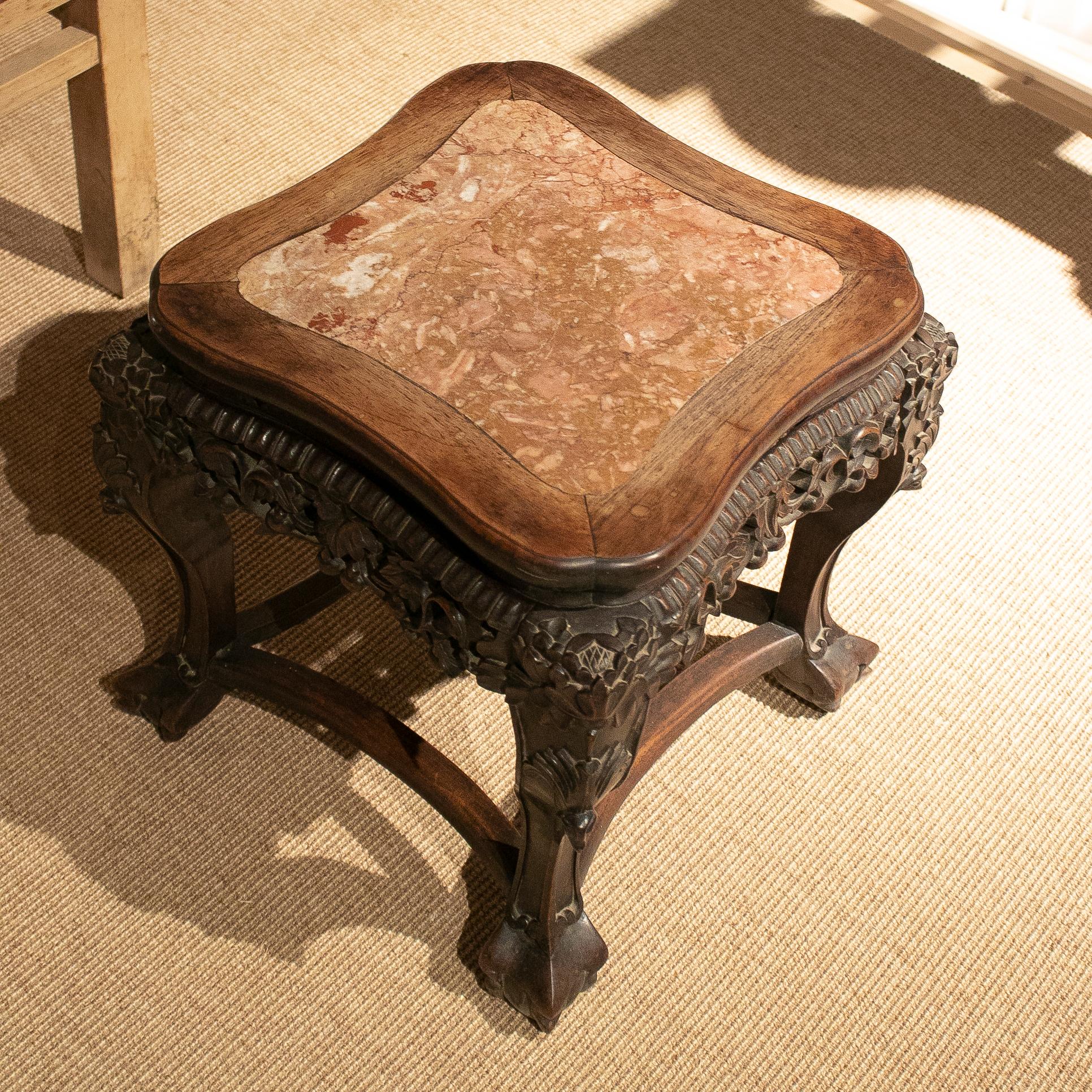 1970s Chinese Hand Carved Ornate Mahogany Table with Marble Top 2