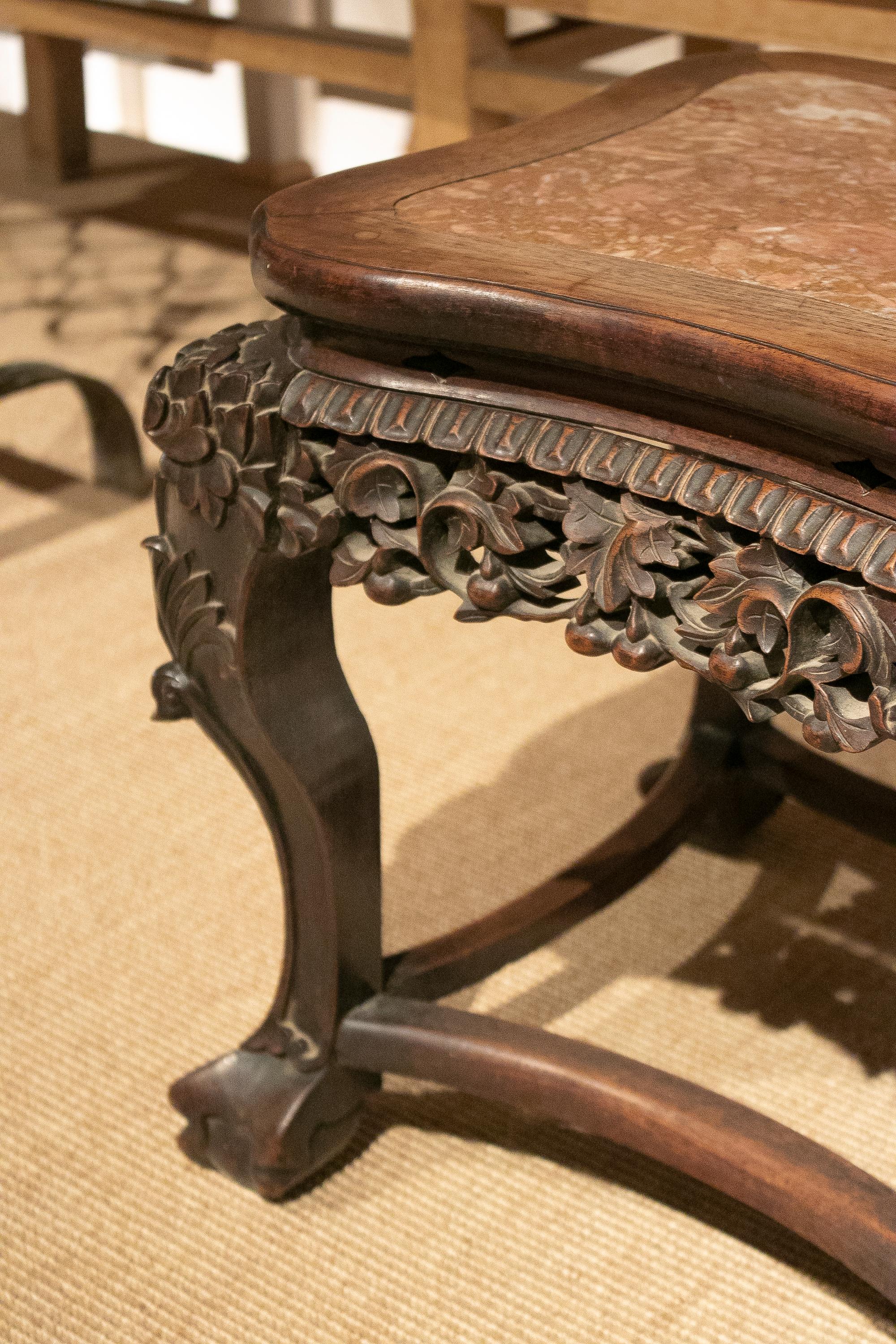 1970s Chinese Hand Carved Ornate Mahogany Table with Marble Top 3