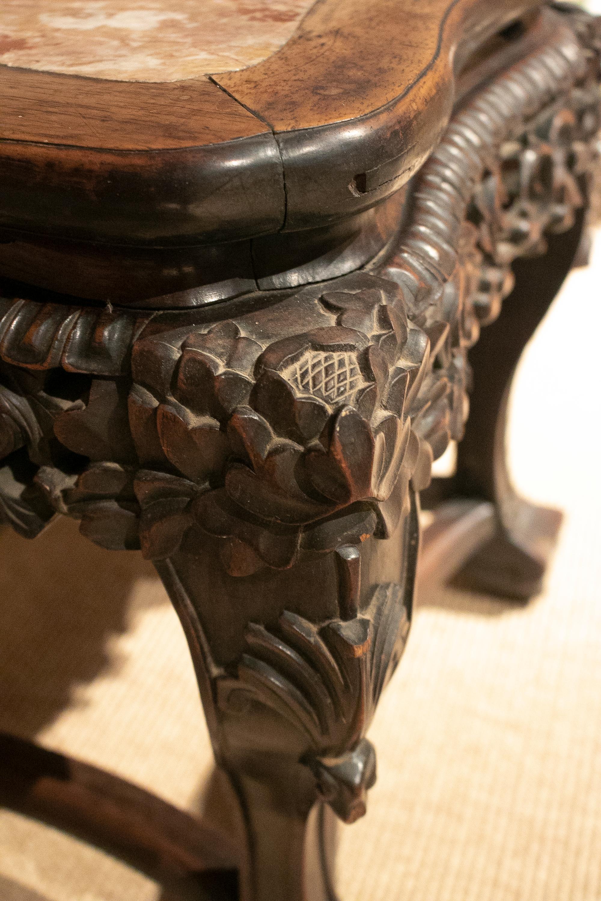 1970s Chinese Hand Carved Ornate Mahogany Table with Marble Top 4