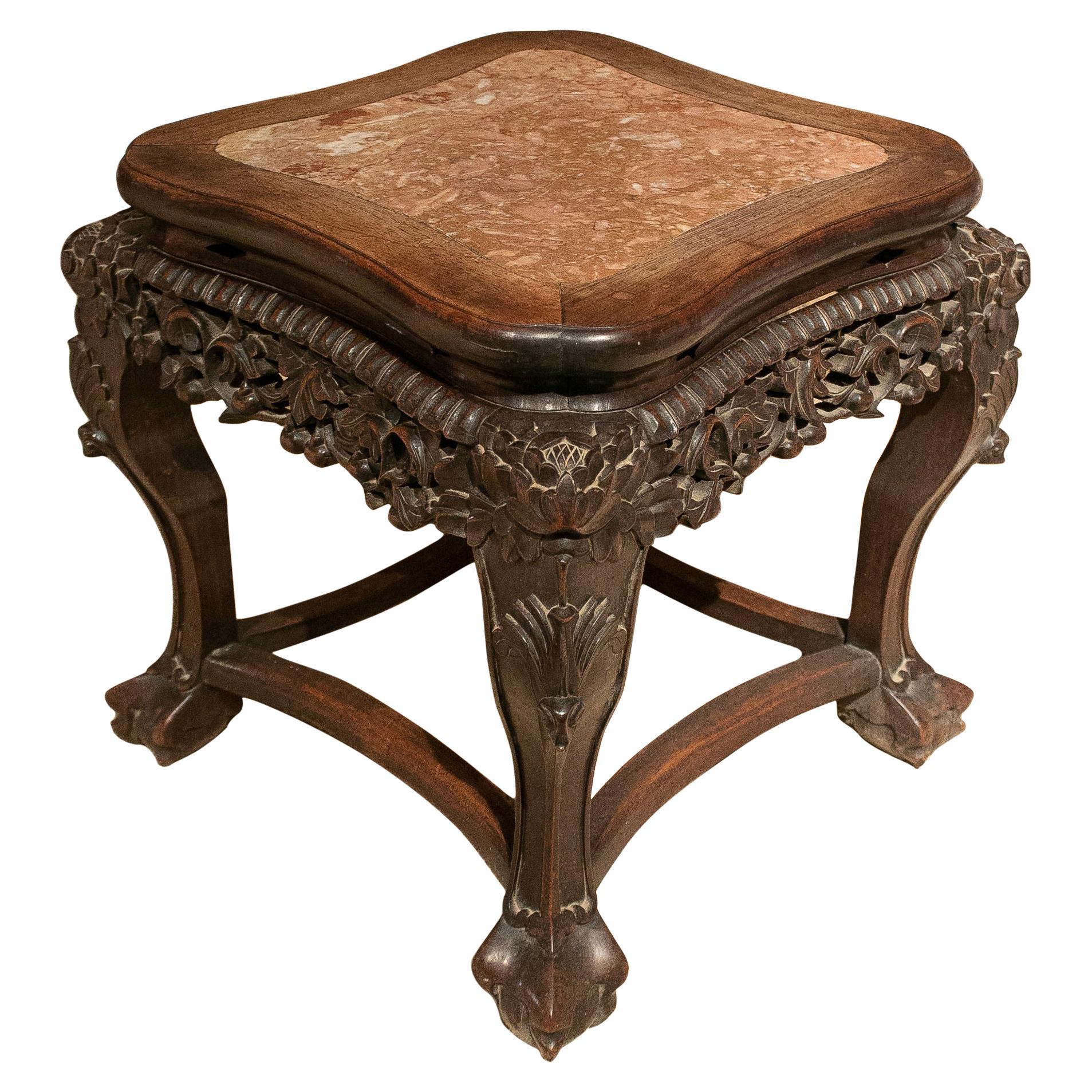 1970s Chinese Hand Carved Ornate Mahogany Table with Marble Top