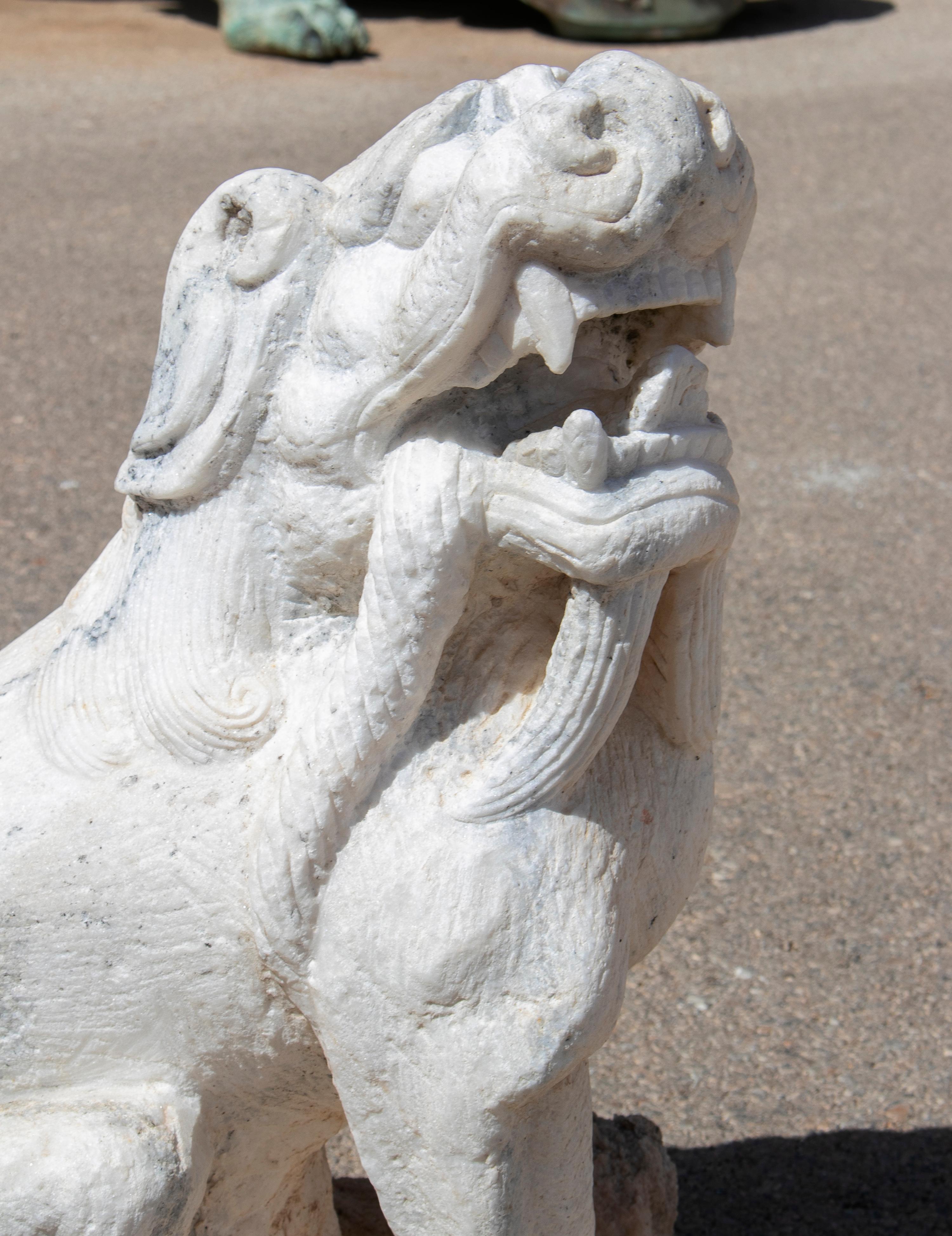 1970s Chinese Pair of Hand Carved White Marble Lions For Sale 6