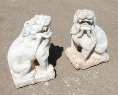 1970s Chinese Pair of Hand Carved White Marble Lions