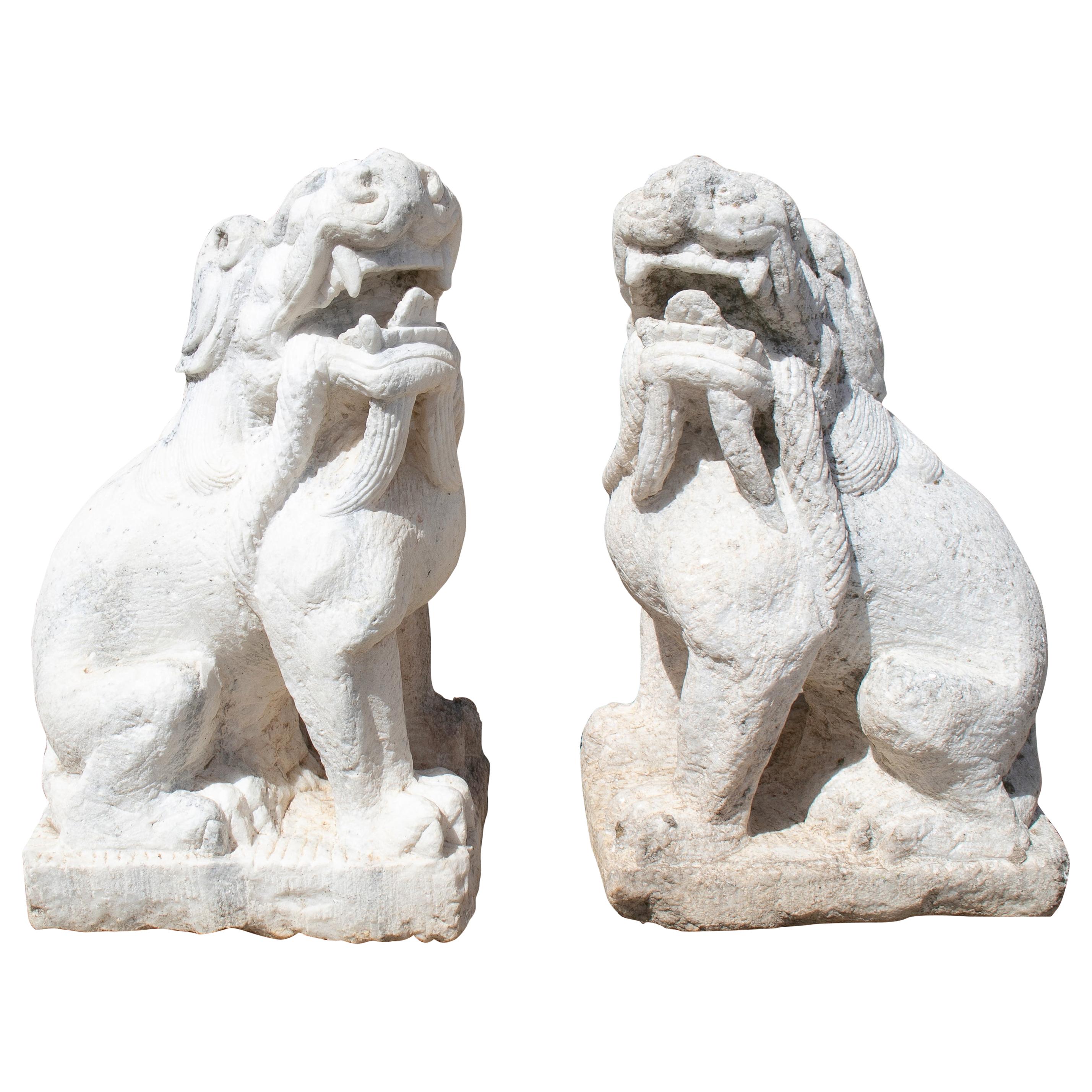 1970s Chinese Pair of Hand Carved White Marble Lions