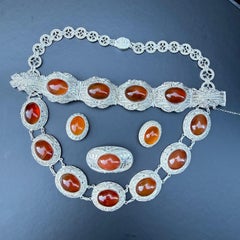 Collar, pulsera, pendientes y broche chinos de los años 70, de plata de ley con filigrana y cornalina