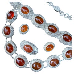 Collar, pulsera, pendientes y broche chinos de los años 70, de plata de ley con filigrana y cornalina
