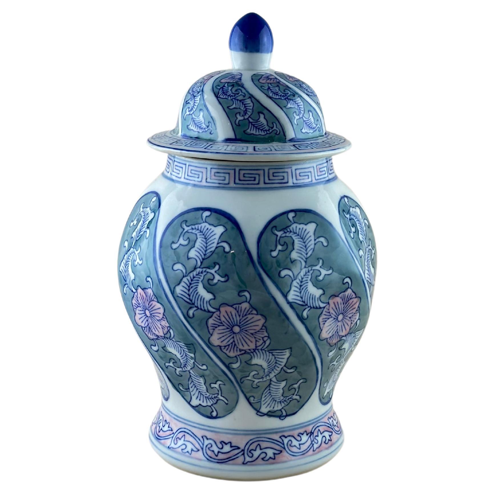 VIntage Chinese Temple Jar with Pastel Toned Famille Vert Decoration For Sale