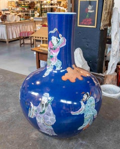 1970s Chinese Vase in Blue Porcelain with Enameled Figures