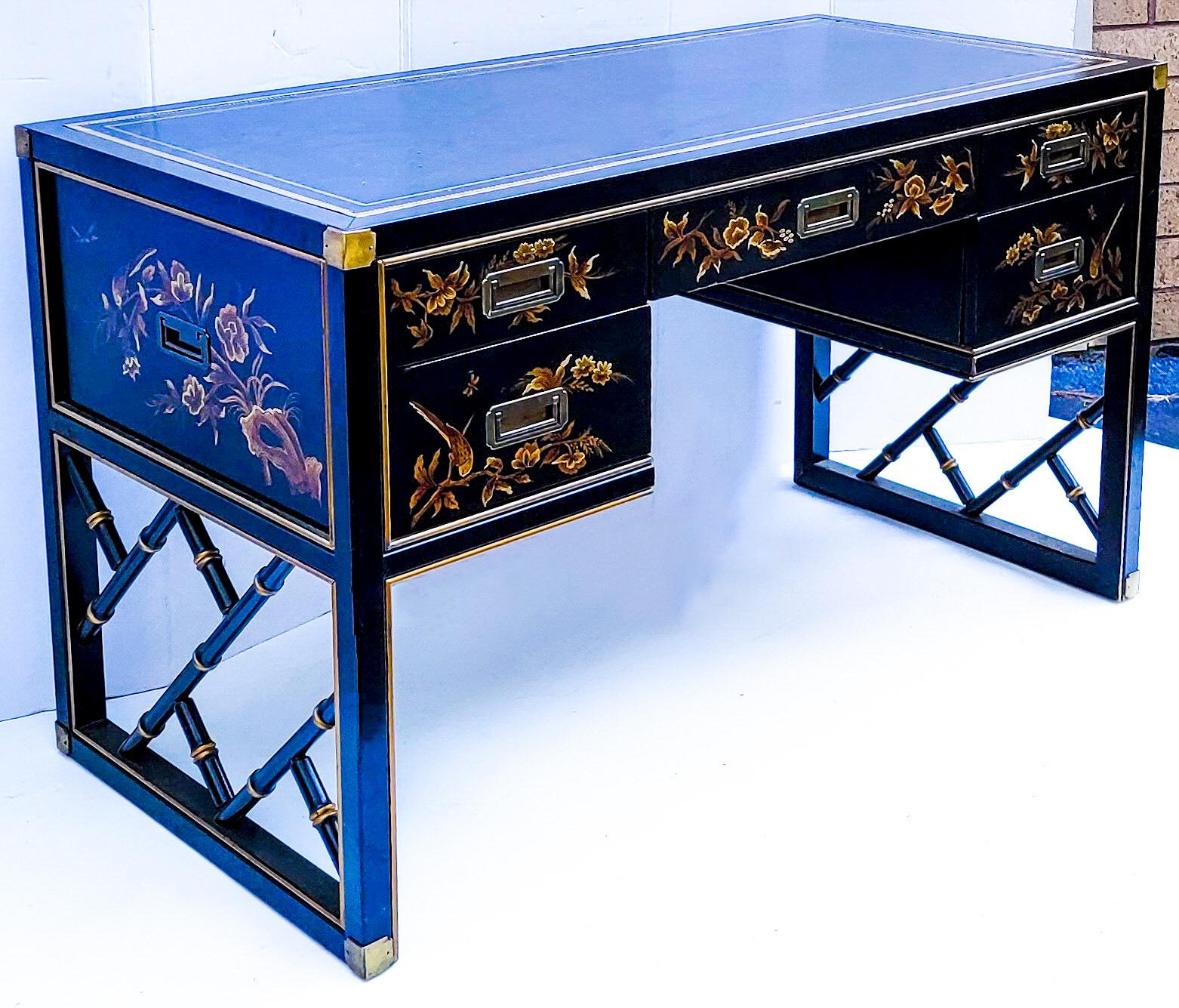1970s Chinoiserie and Faux Bamboo Campaign Style Leather Top Desk by Sligh In Good Condition In Kennesaw, GA