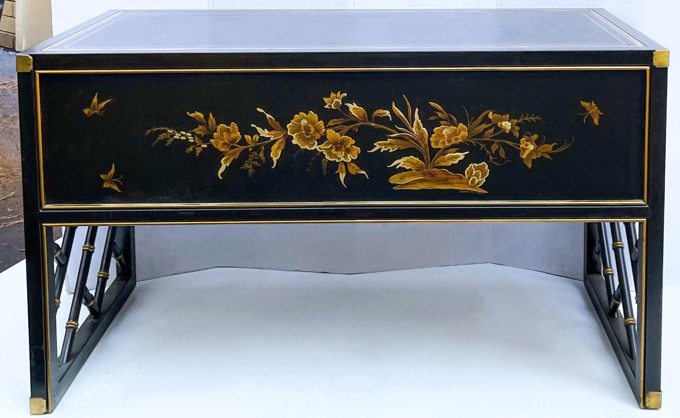 Late 20th Century 1970s Chinoiserie and Faux Bamboo Campaign Style Leather Top Desk by Sligh