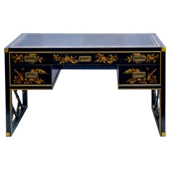 1970er Chinoiserie und Faux Bamboo Campaign Style Schreibtisch mit Lederplatte von Sligh