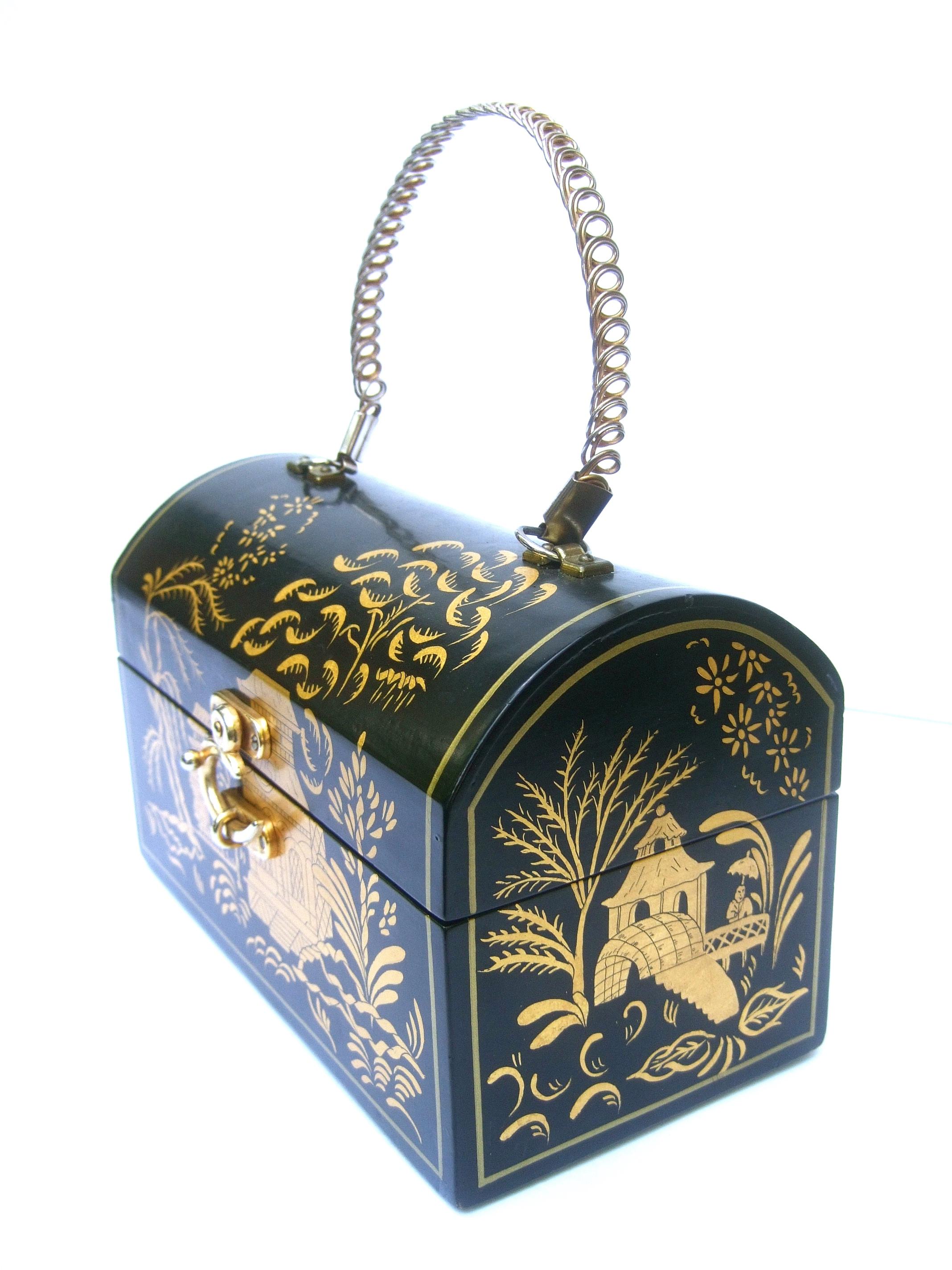 1970s Chinoiserie Black & Gold Hand Painted Wood Artisan Box Purse 5