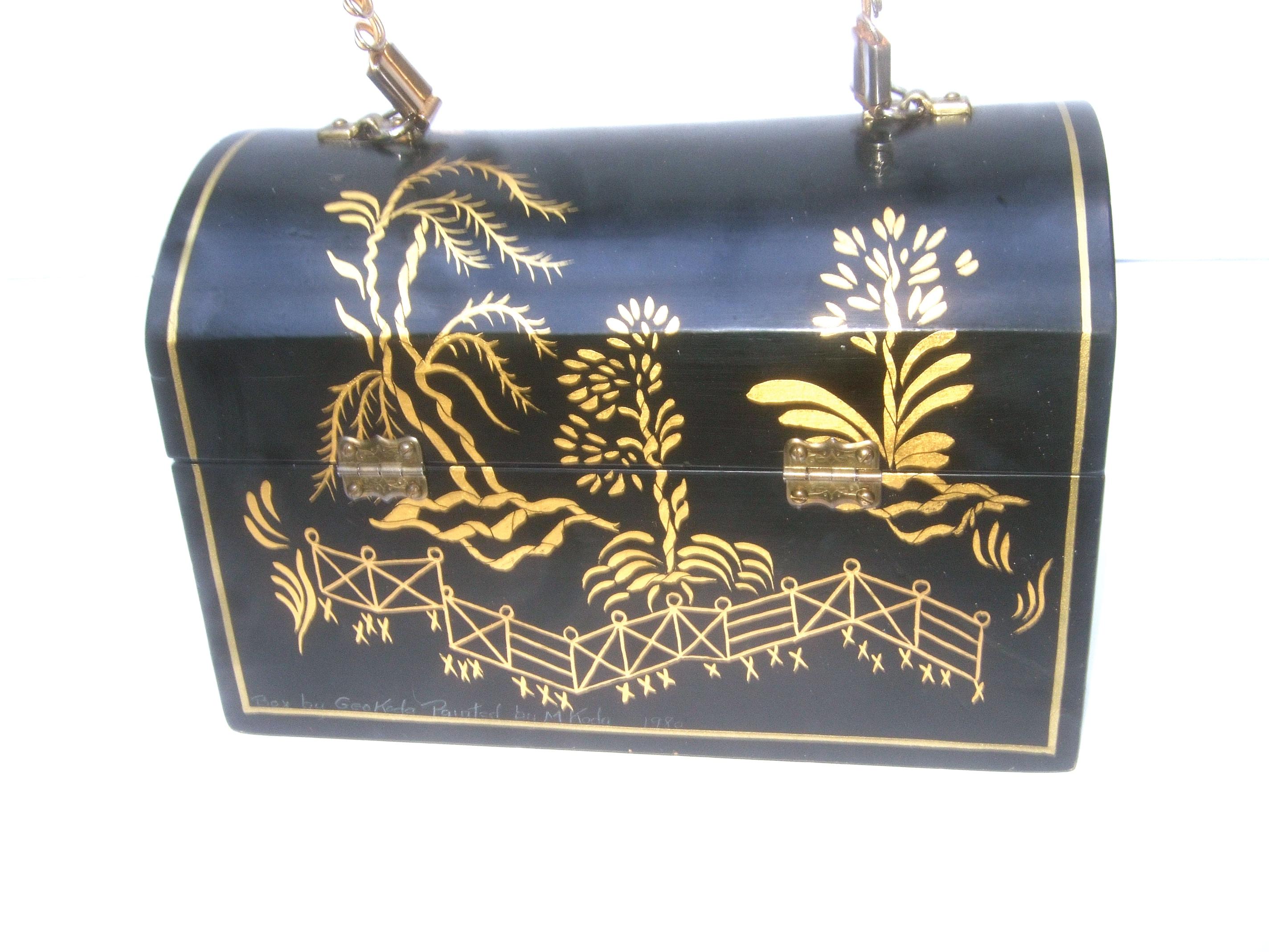 1970s Chinoiserie Black & Gold Hand Painted Wood Artisan Box Purse 1