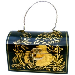 Vintage 1970s Chinoiserie Black & Gold Hand Painted Wood Artisan Box Purse