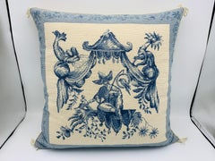 1970s Chinoiserie Blue and White Pagoda Needlepoint Pillow