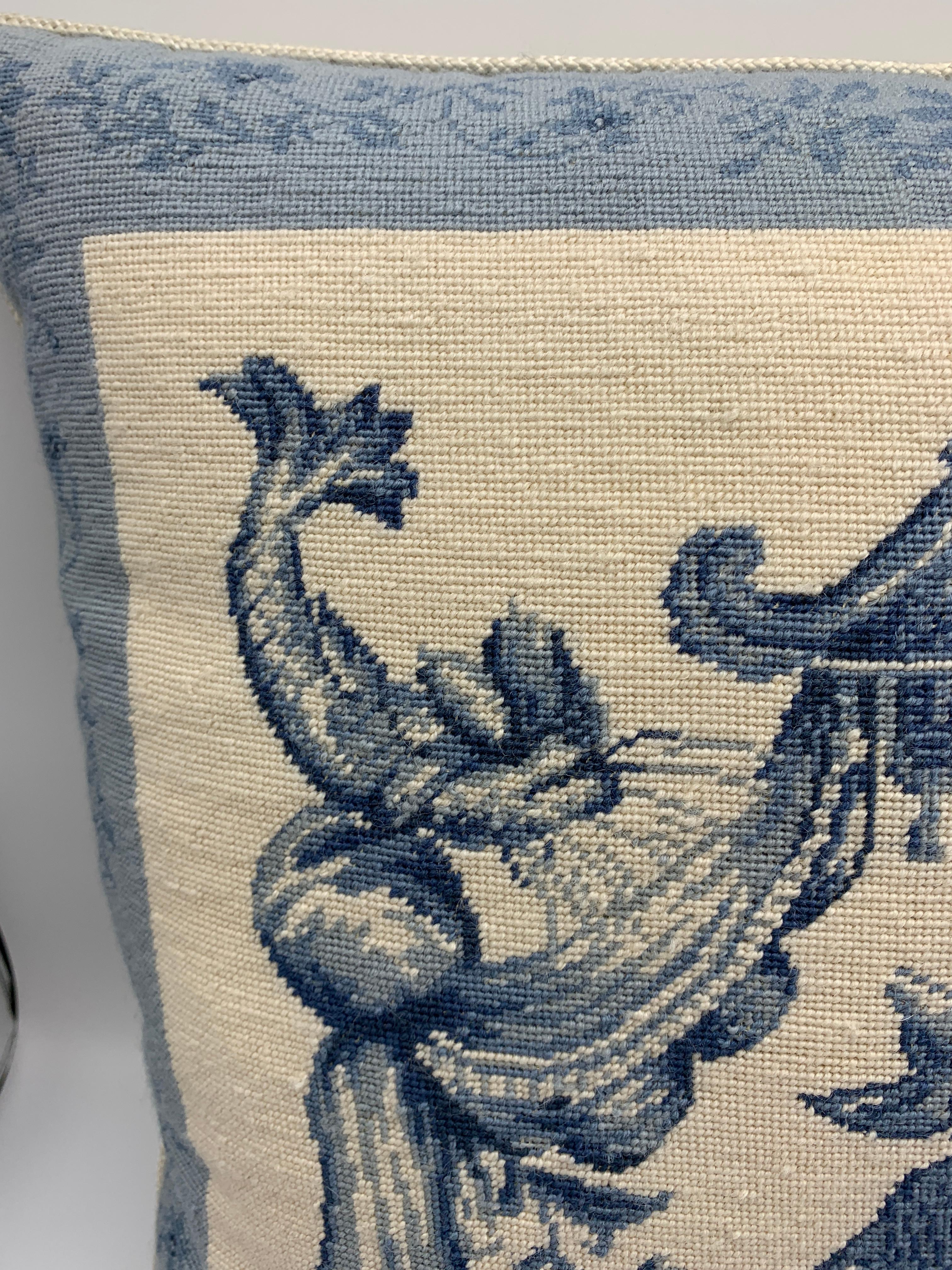 1970s Chinoiserie Blue and White Pagoda Needlepoint Pillow In Good Condition For Sale In Richmond, VA