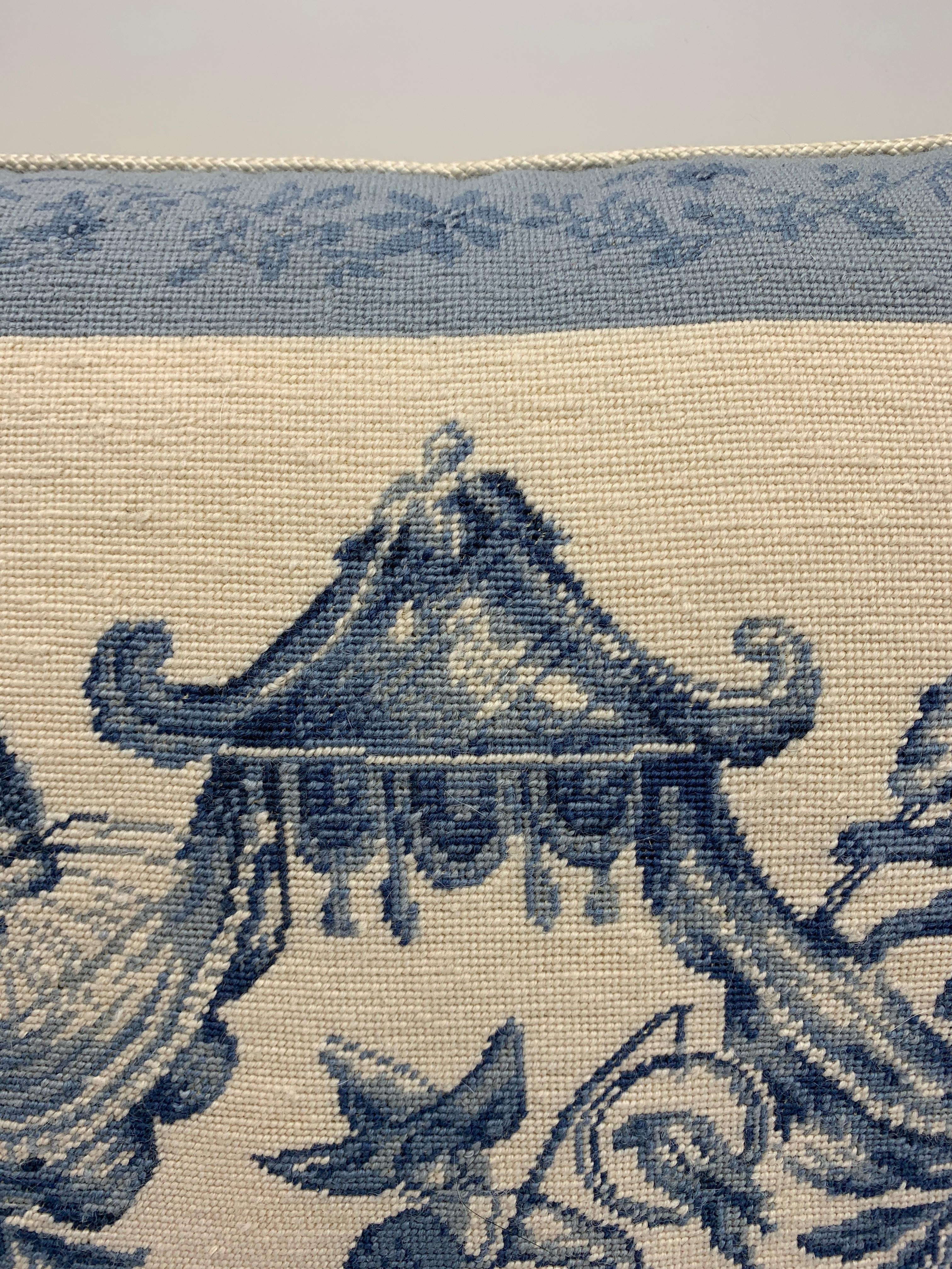 Late 20th Century 1970s Chinoiserie Blue and White Pagoda Needlepoint Pillow For Sale