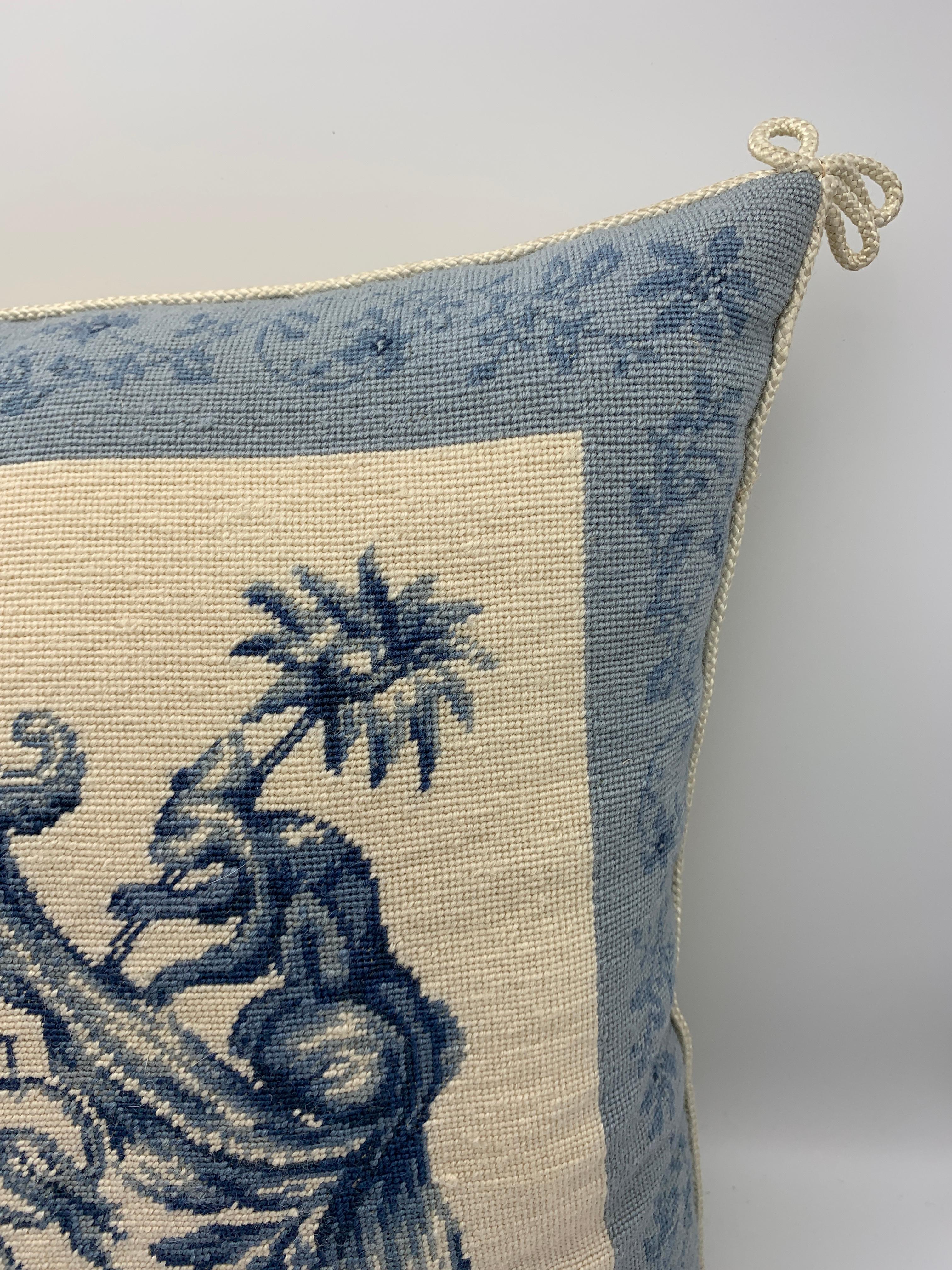 Wool 1970s Chinoiserie Blue and White Pagoda Needlepoint Pillow For Sale