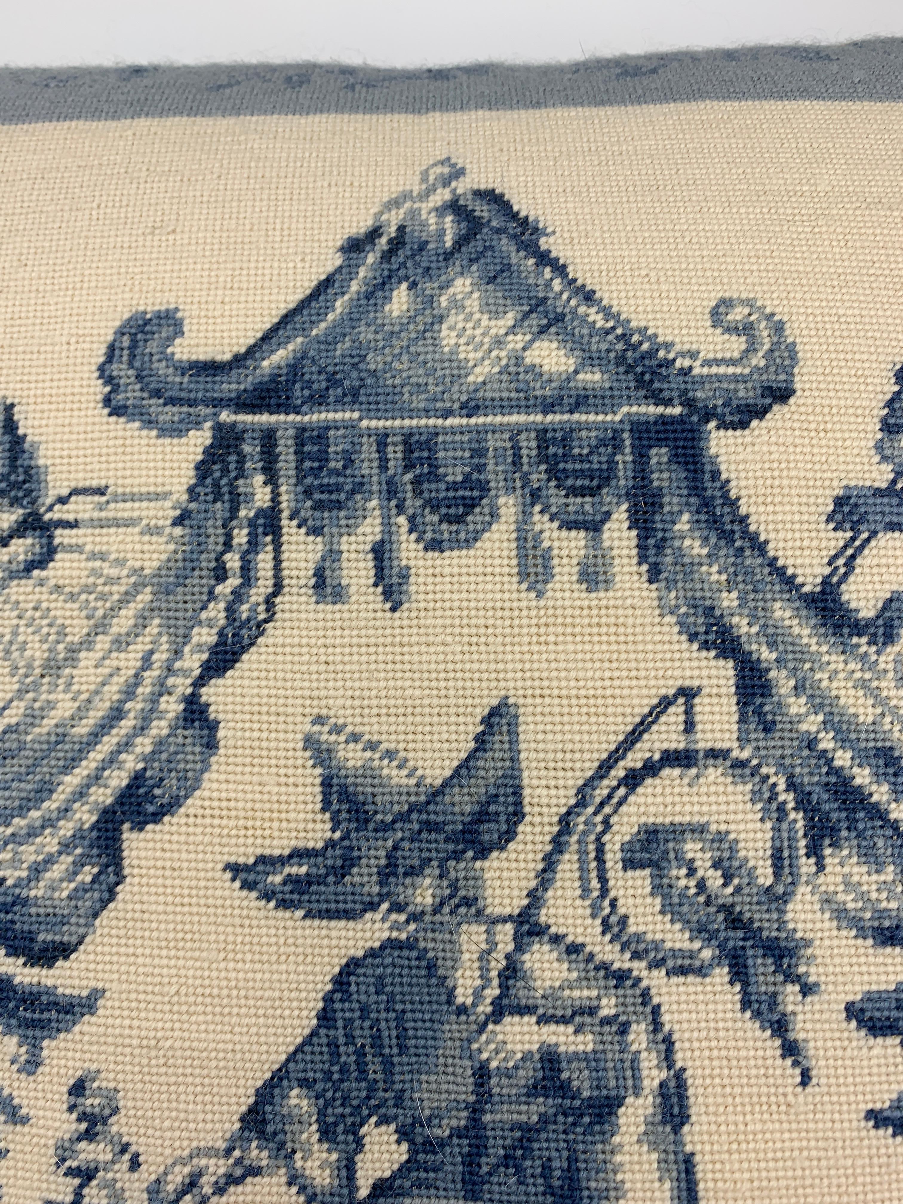 Wool Chinoiserie Blue and White Pagoda Needlepoint Pillow, 1970s For Sale