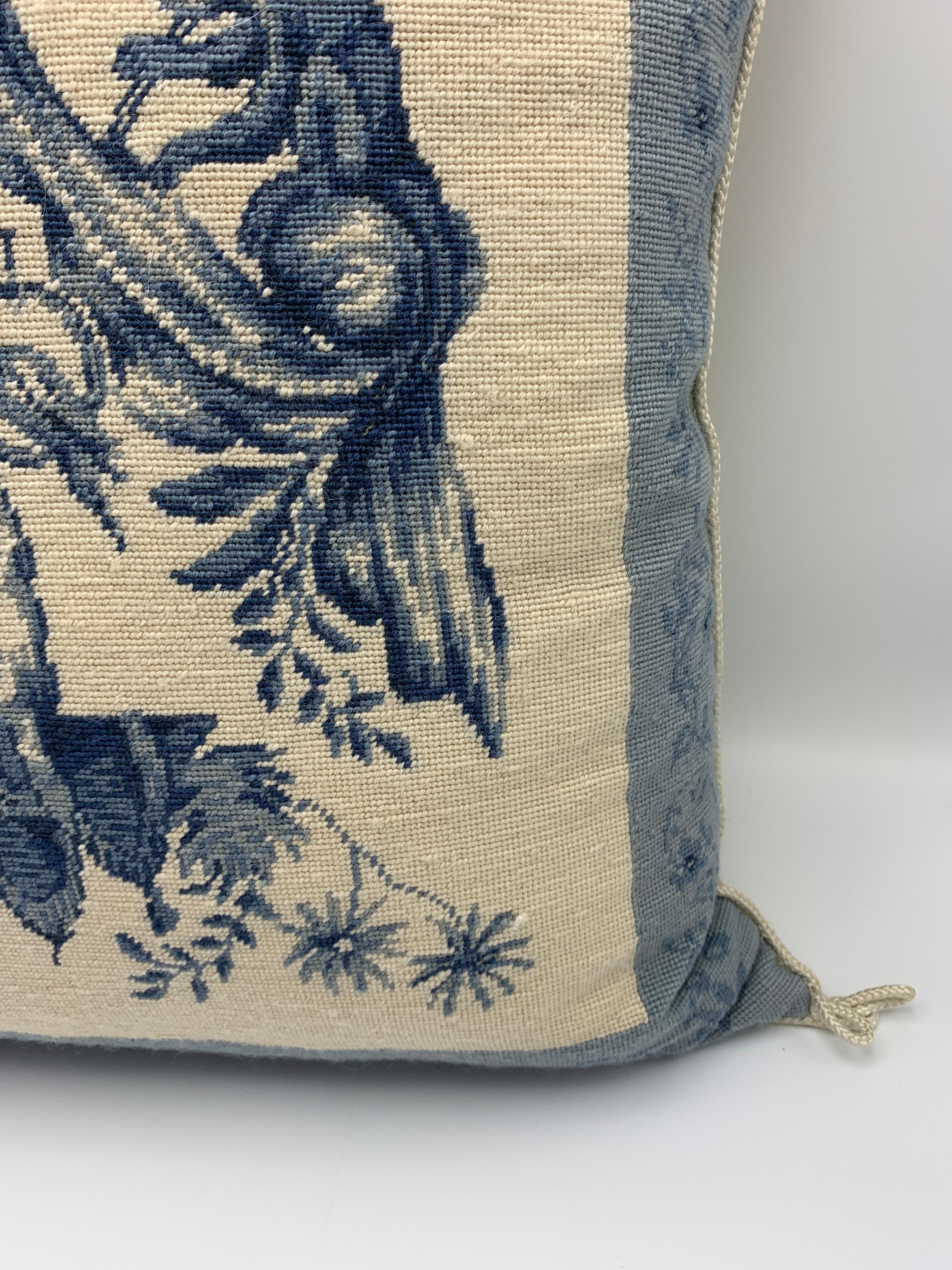1970s Chinoiserie Blue and White Pagoda Needlepoint Pillow For Sale 4