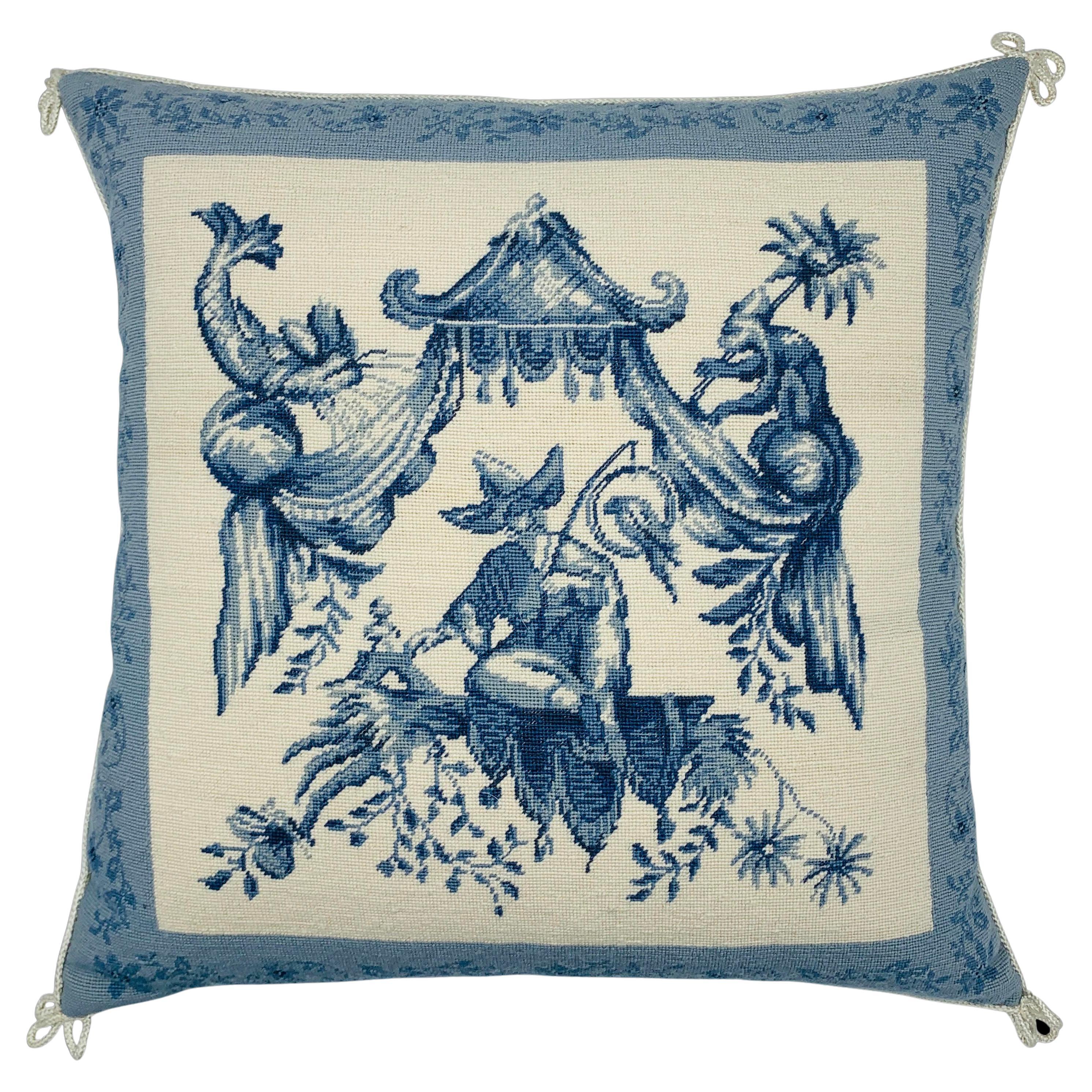 1970s Chinoiserie Blue and White Pagoda Needlepoint Pillow For Sale