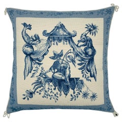 Antique 1970s Chinoiserie Blue and White Pagoda Needlepoint Pillow
