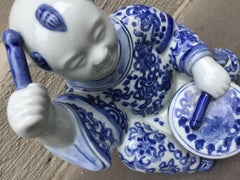 1970s, Chinoiserie Blue and White Porcelain Sculpture Baby Buddha with Drum
