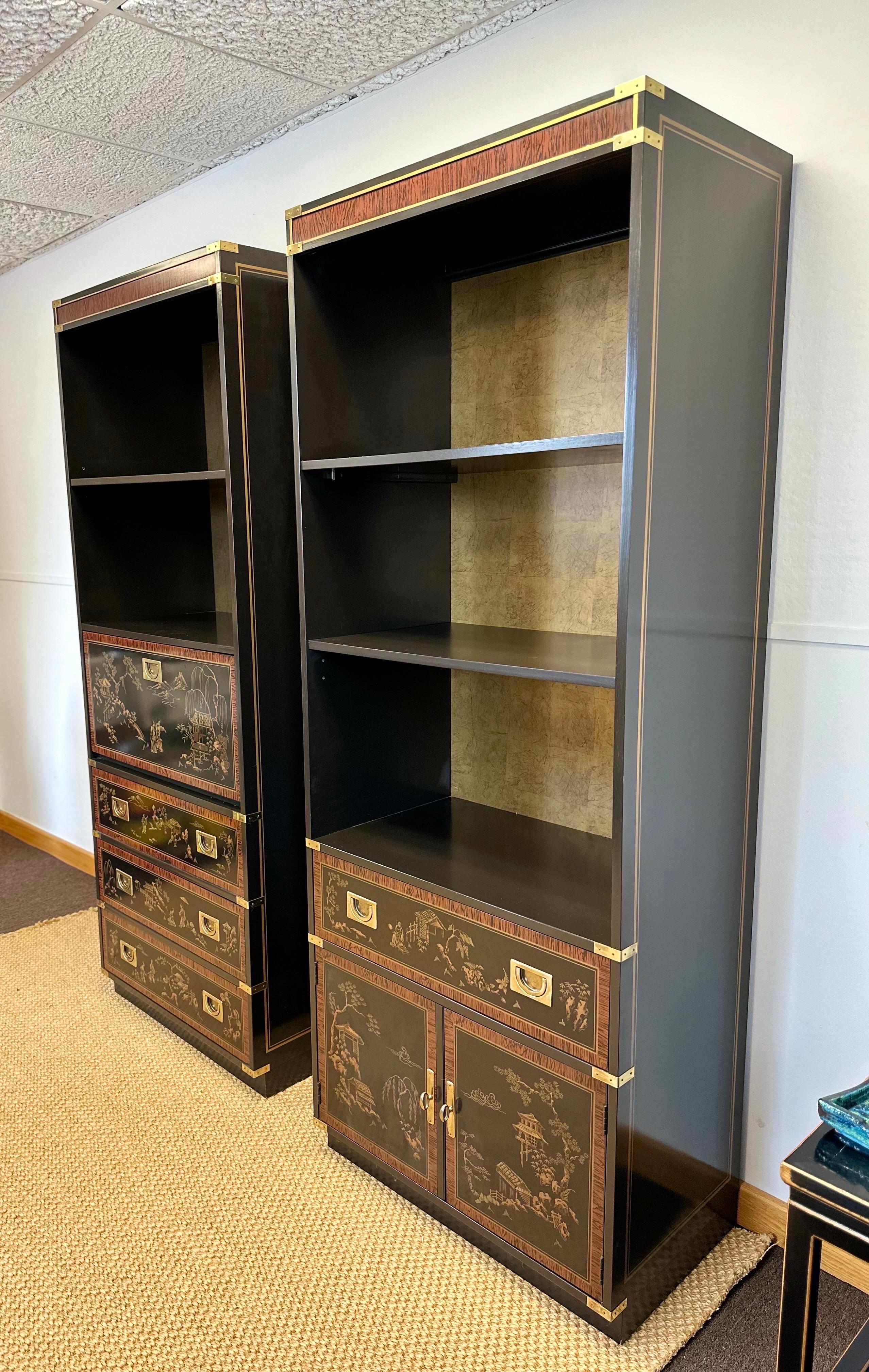 We are very pleased to offer a set of Drexel bookcases from their ET-cetera collection, circa the 1970s.  These exquisite Asian inspired bookshelves exude timeless elegance with their striking black finish that exudes a sense of refined
