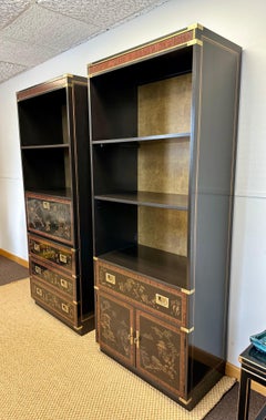 1970s Chinoiserie Drexel Black and Brass Bookshelves – a Pair