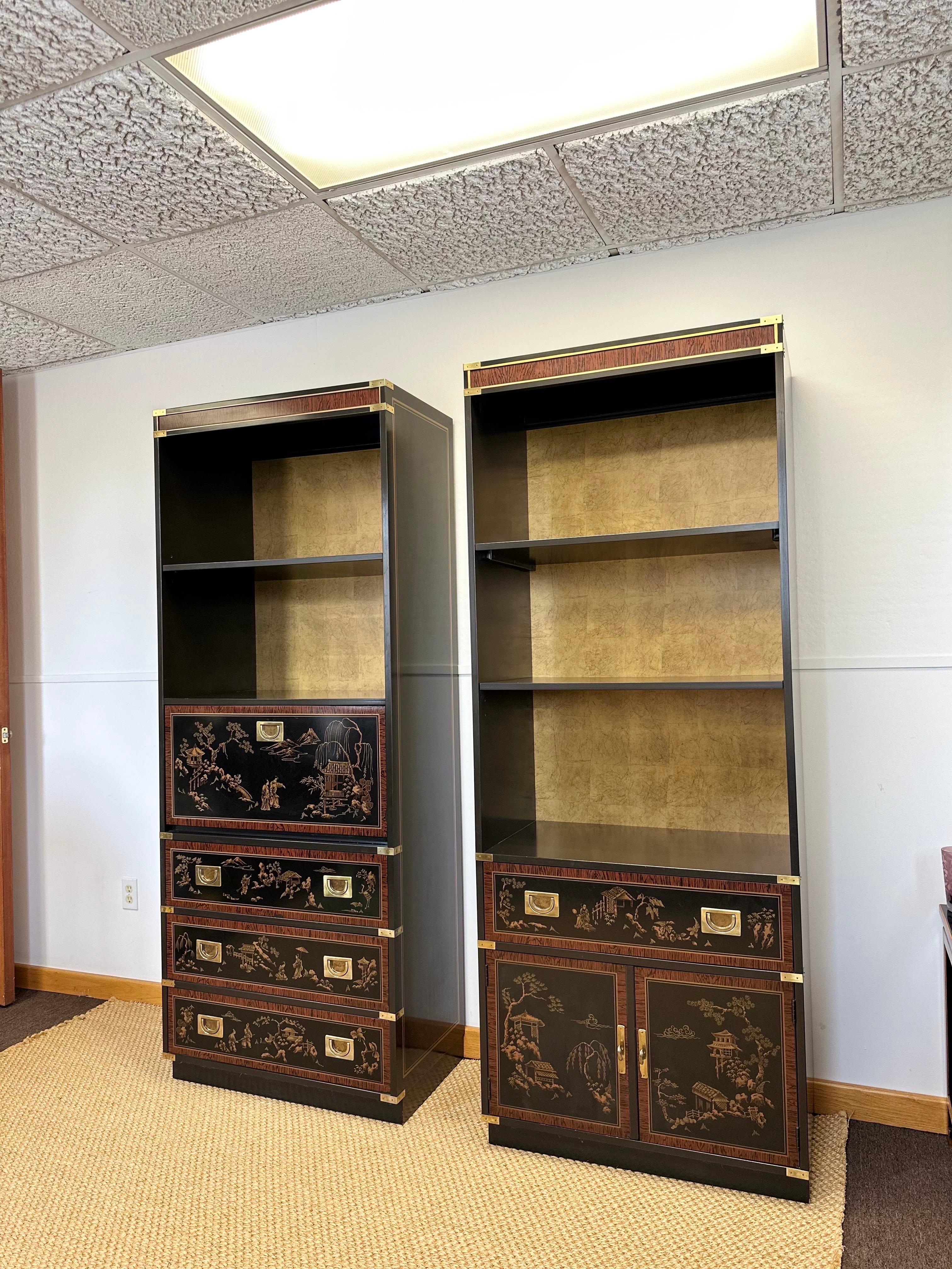 1970s Chinoiserie Drexel Black and Brass Bookshelves – a Pair  In Good Condition For Sale In Farmington Hills, MI