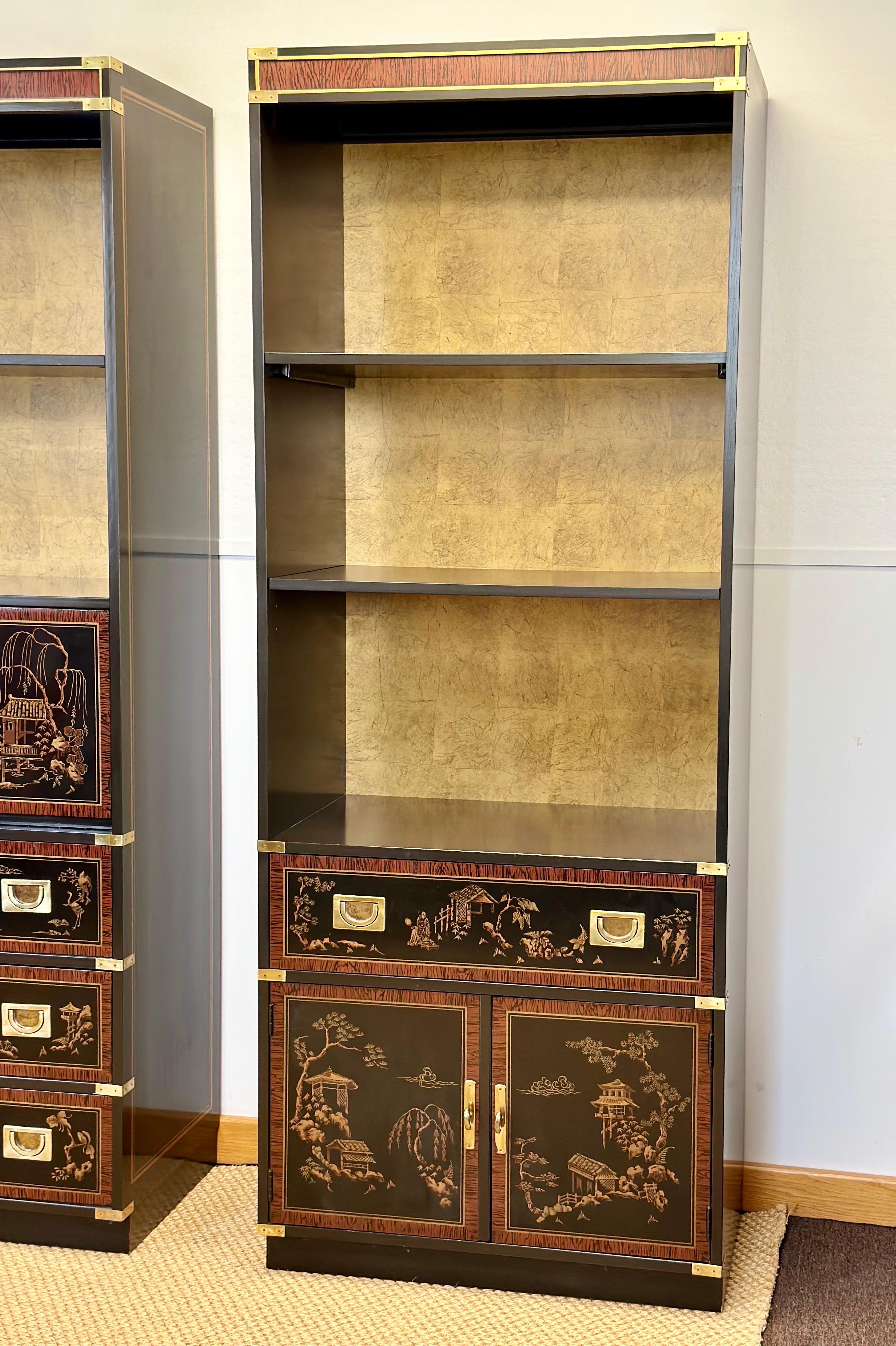 Late 20th Century 1970s Chinoiserie Drexel Black and Brass Bookshelves – a Pair  For Sale