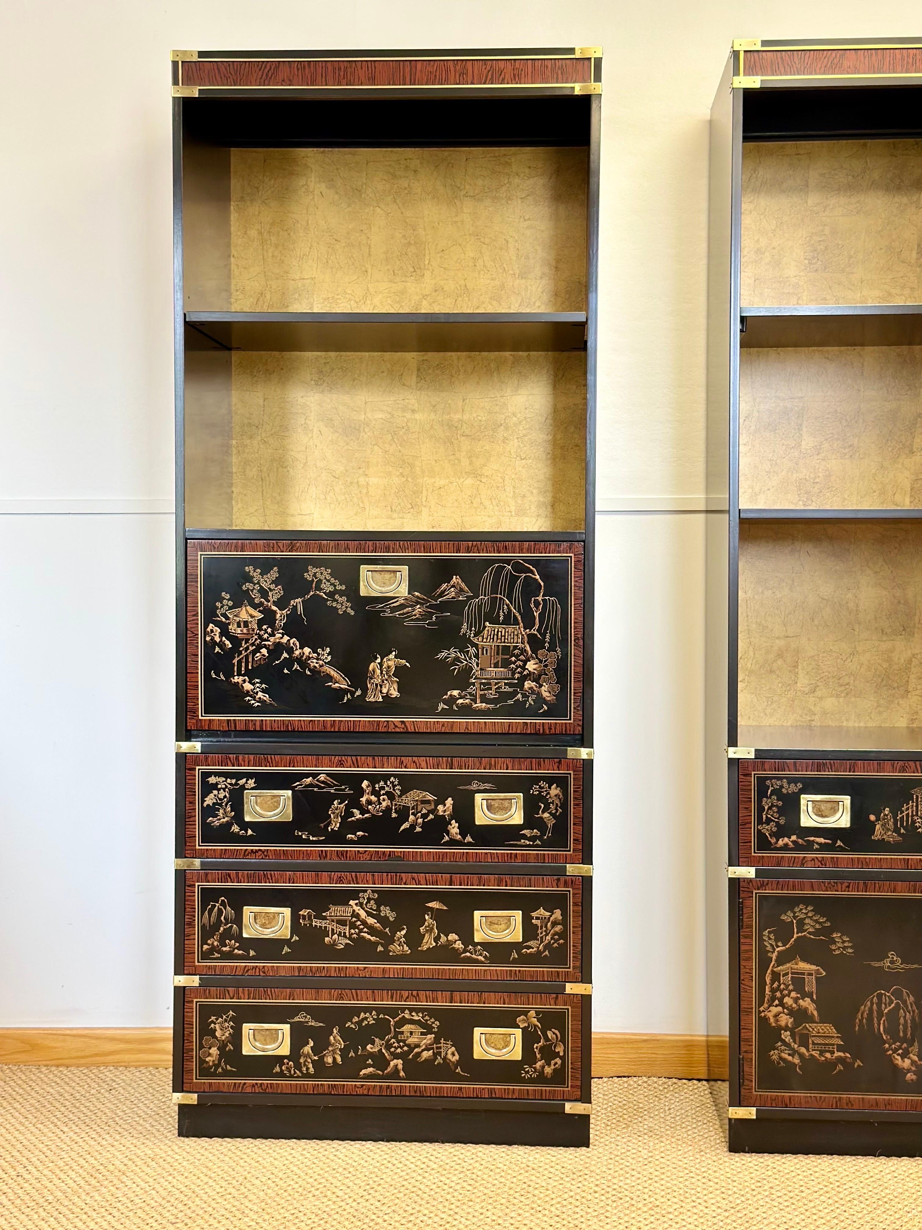 1970s Chinoiserie Drexel Black and Brass Bookshelves – a Pair  For Sale 4