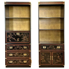 1970s Chinoiserie Drexel Black and Brass Bookshelves – a Pair