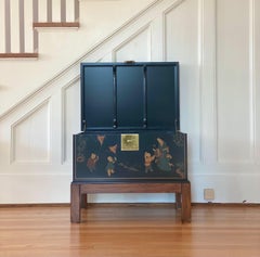 1970s, Chinoiserie Drexel Lacquer Black and Brass Chest with Stand