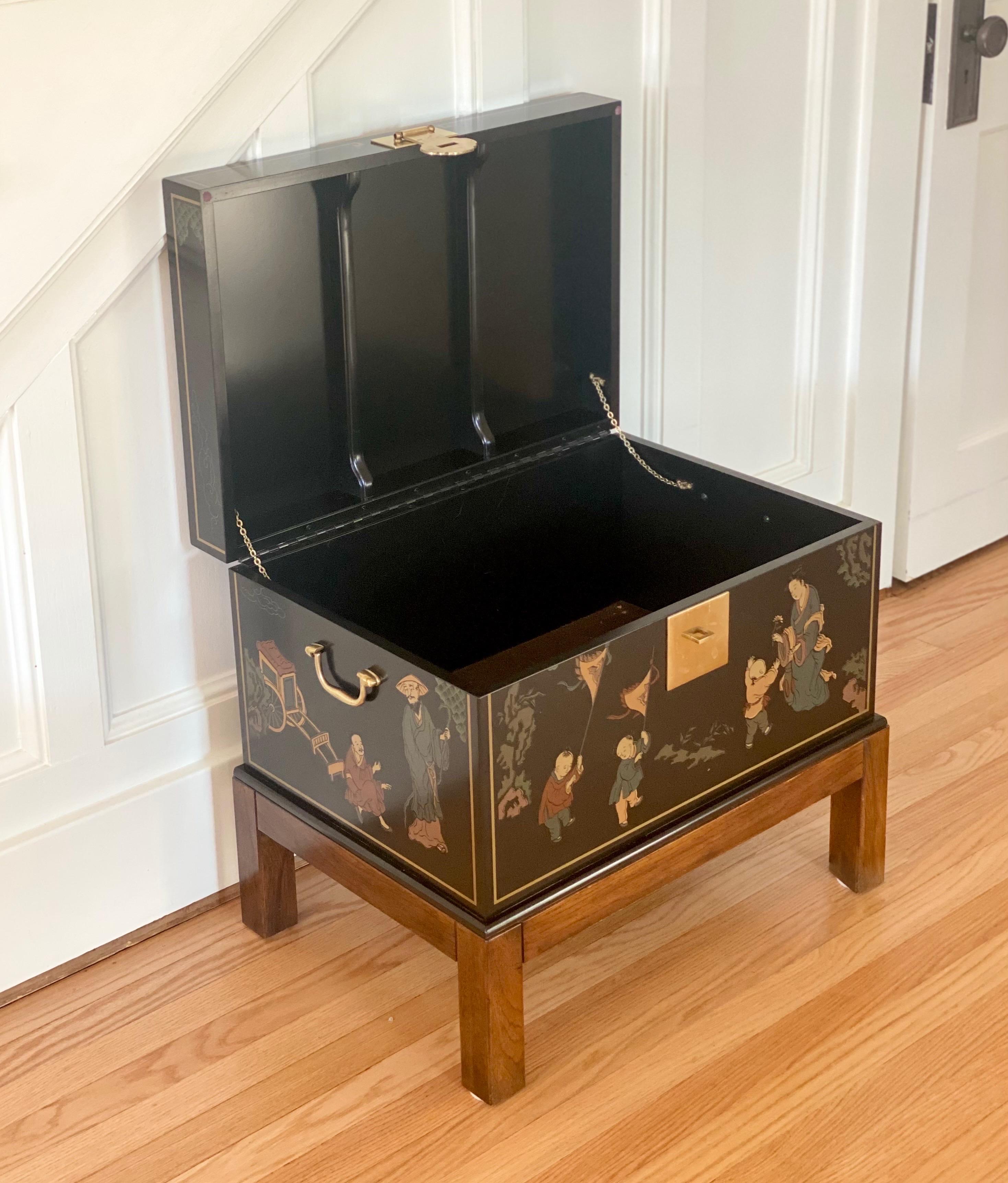 North American 1970s, Chinoiserie Drexel Lacquer Black and Brass Chest with Stand