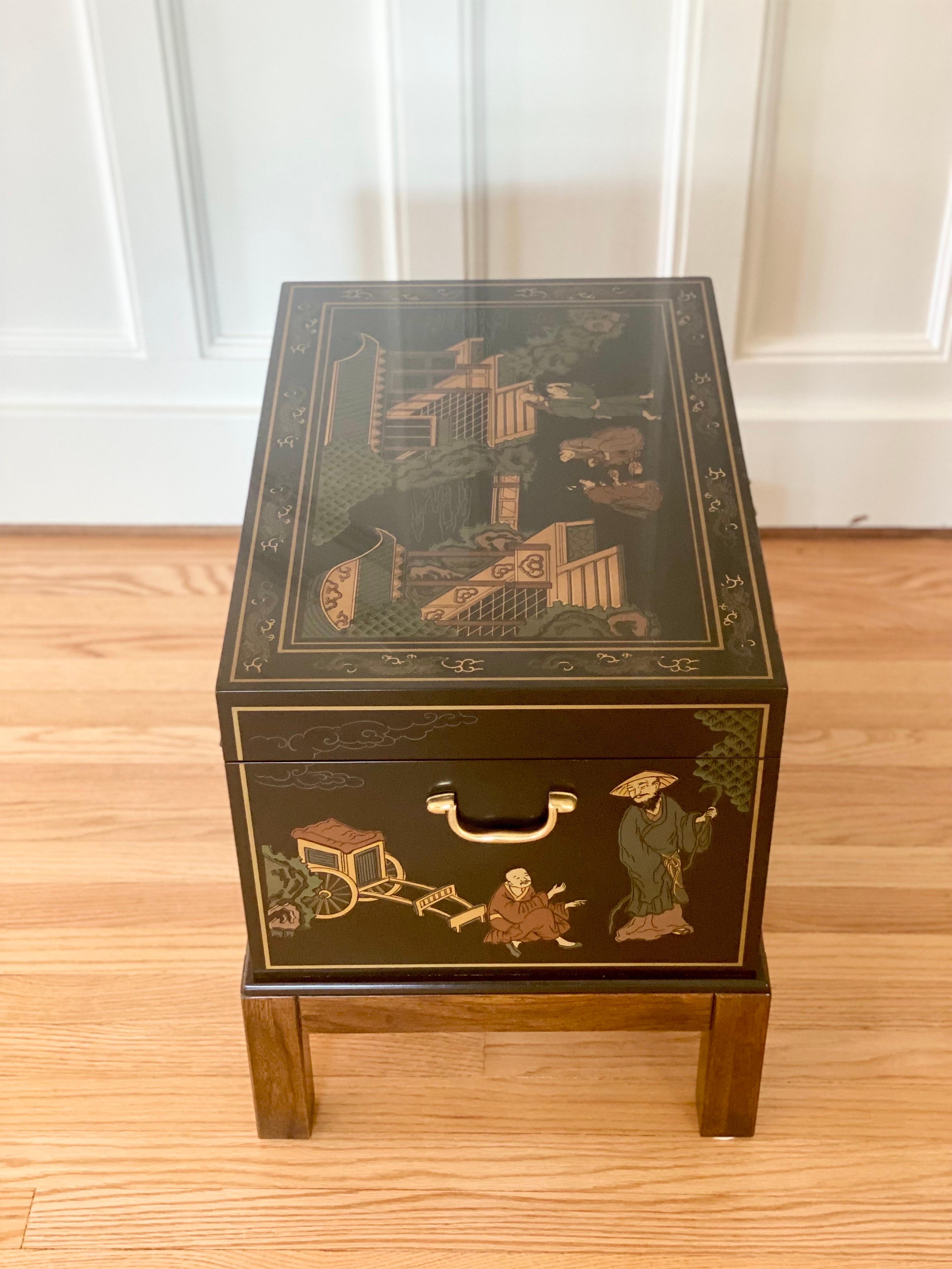 Late 20th Century 1970s, Chinoiserie Drexel Lacquer Black and Brass Chest with Stand