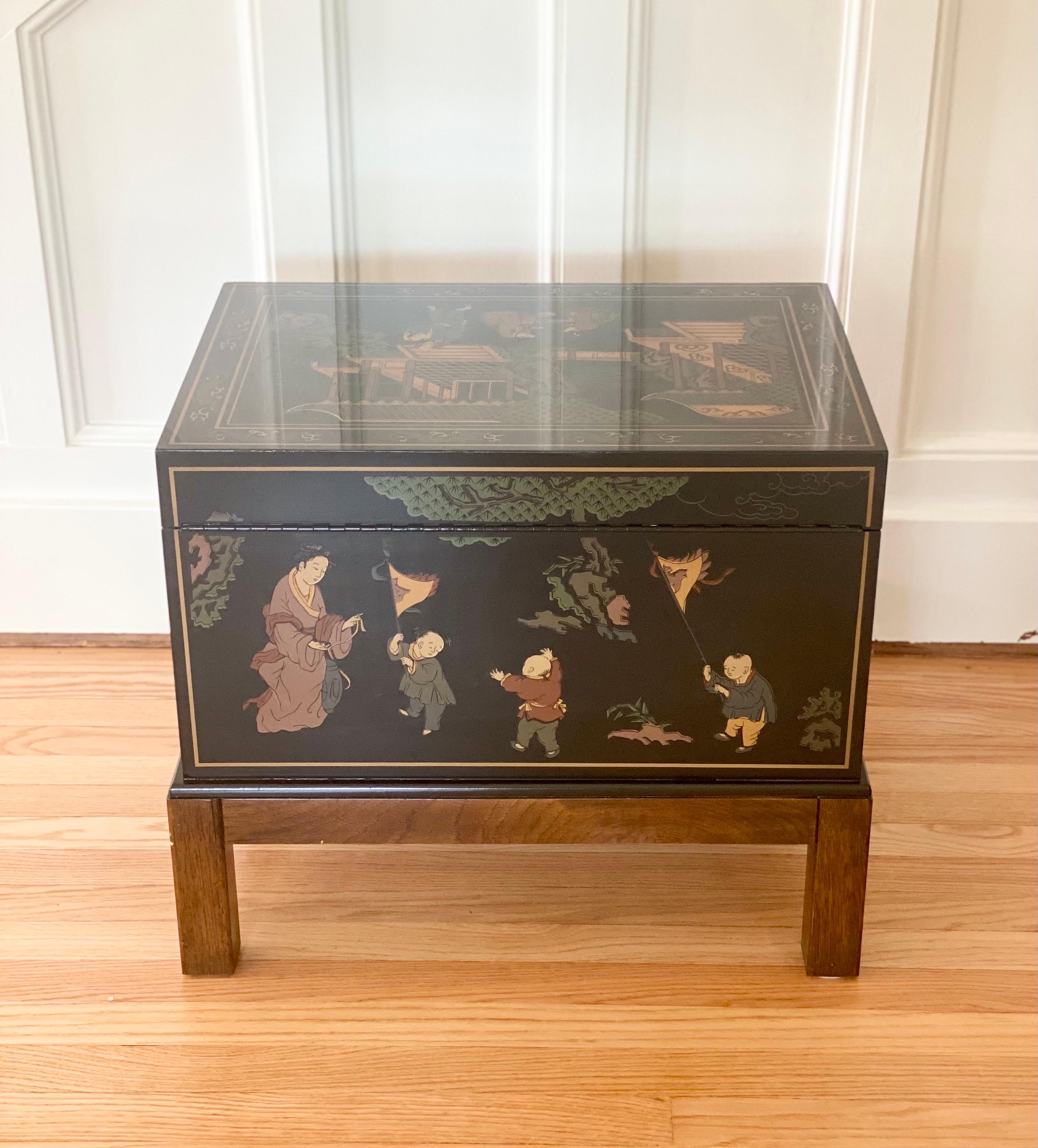 1970s, Chinoiserie Drexel Lacquer Black and Brass Chest with Stand 1