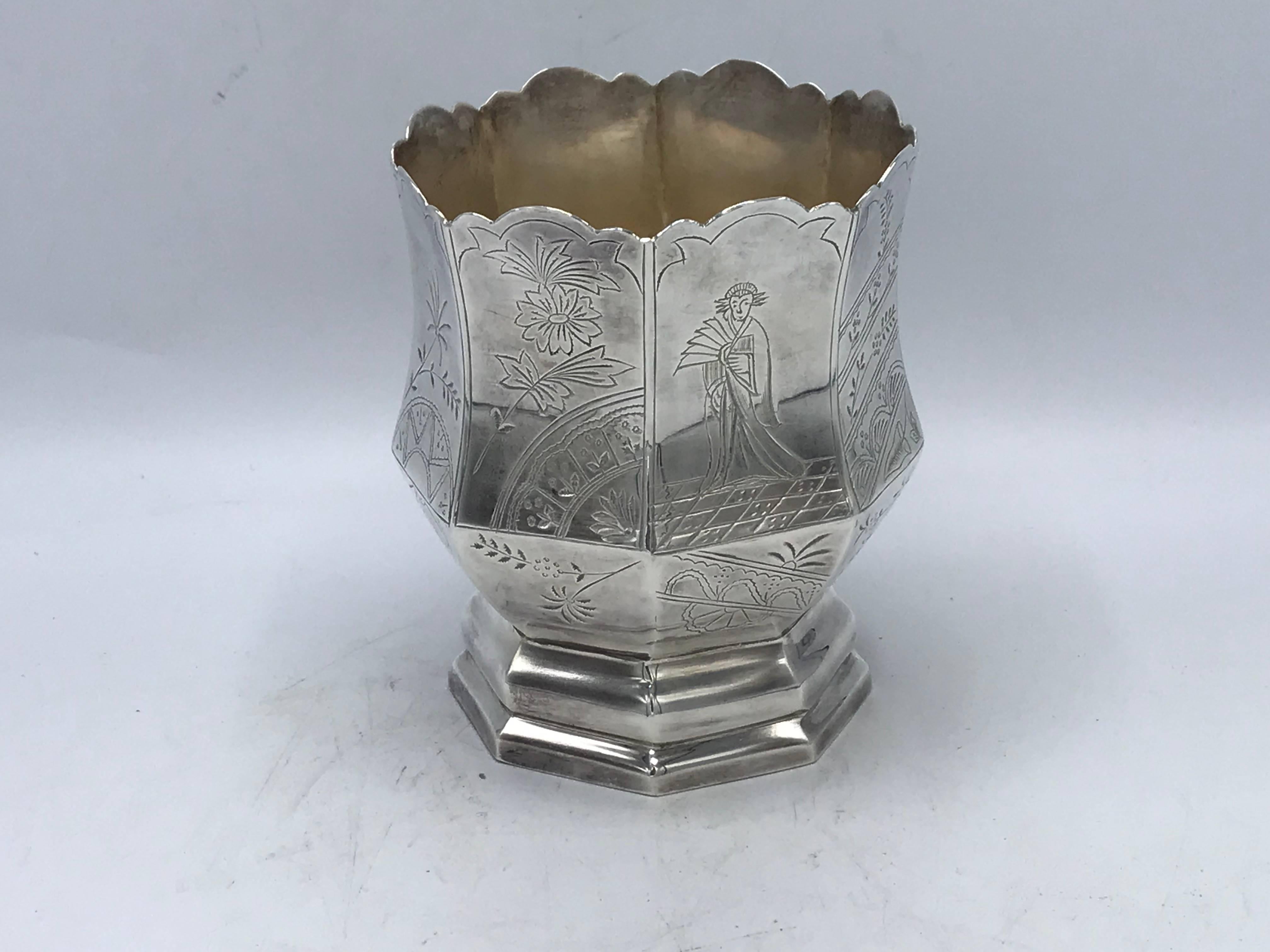 Polished 1940s Chinoiserie Geisha Silver Plate Cachepot Planter