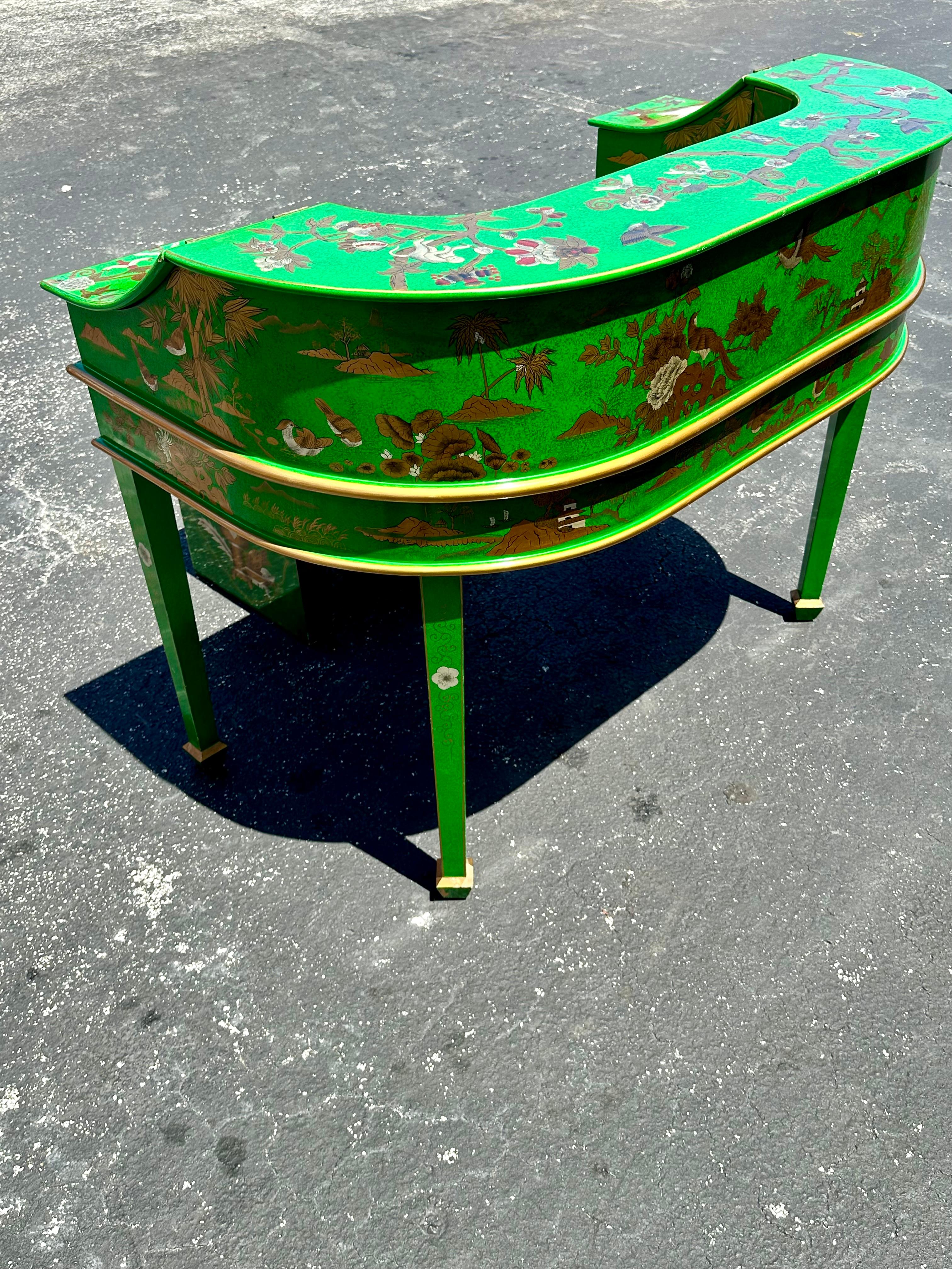 Sgabello da scrivania Chinoiserie anni '70 dipinto a mano in verde malachite, Set di 2 in vendita 3