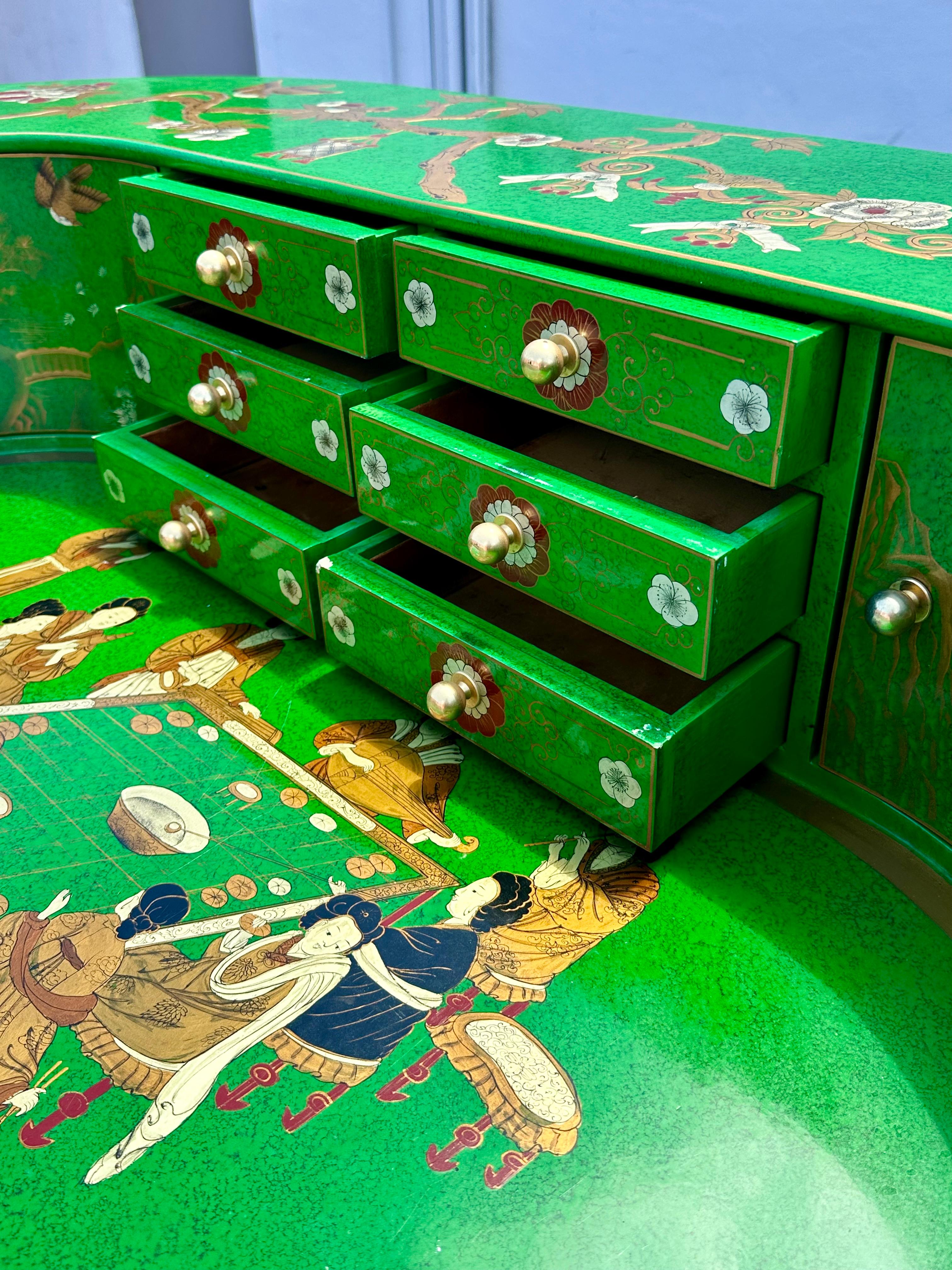 Sgabello da scrivania Chinoiserie anni '70 dipinto a mano in verde malachite, Set di 2 in vendita 7