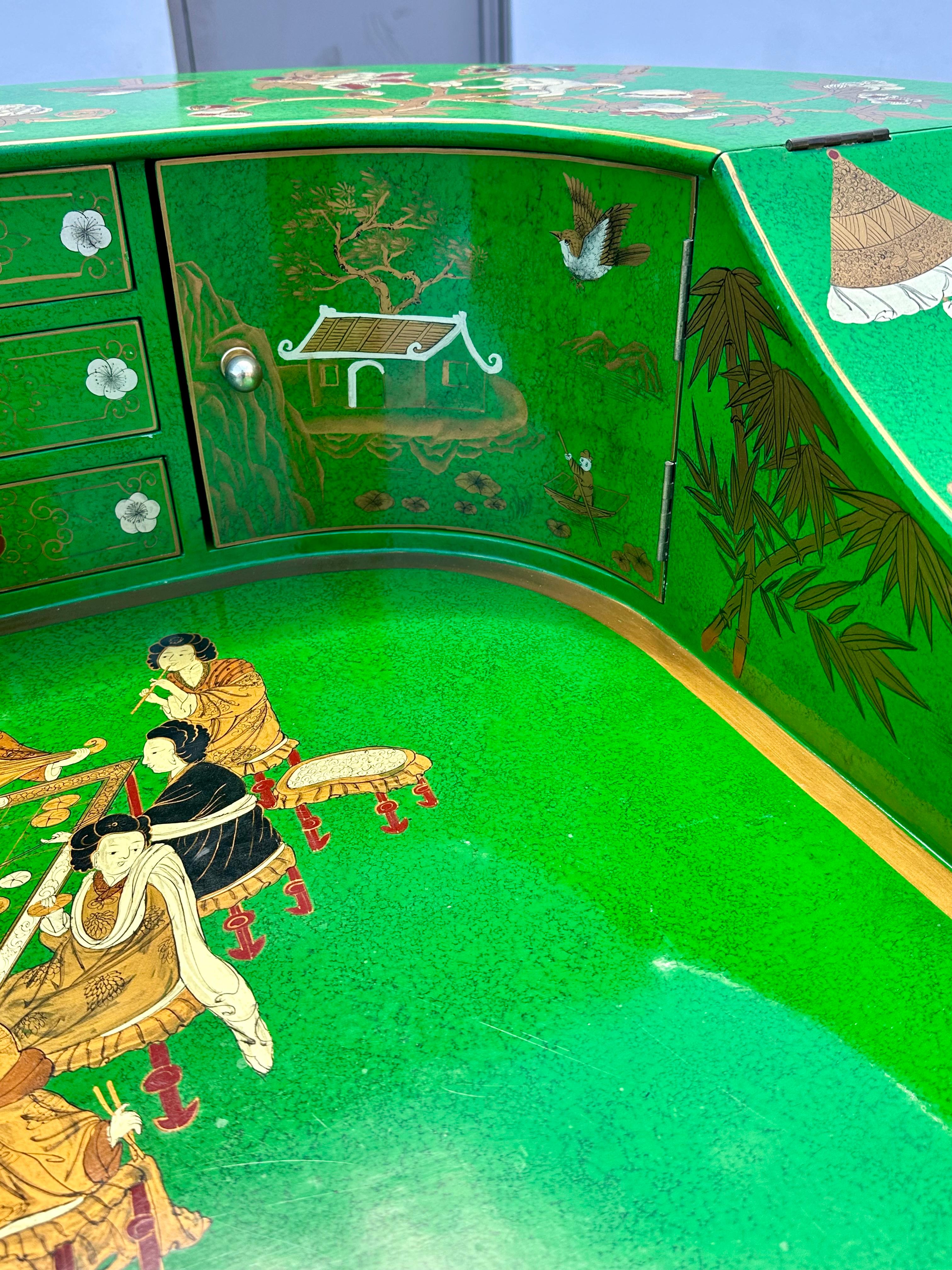 Sgabello da scrivania Chinoiserie anni '70 dipinto a mano in verde malachite, Set di 2 in vendita 9