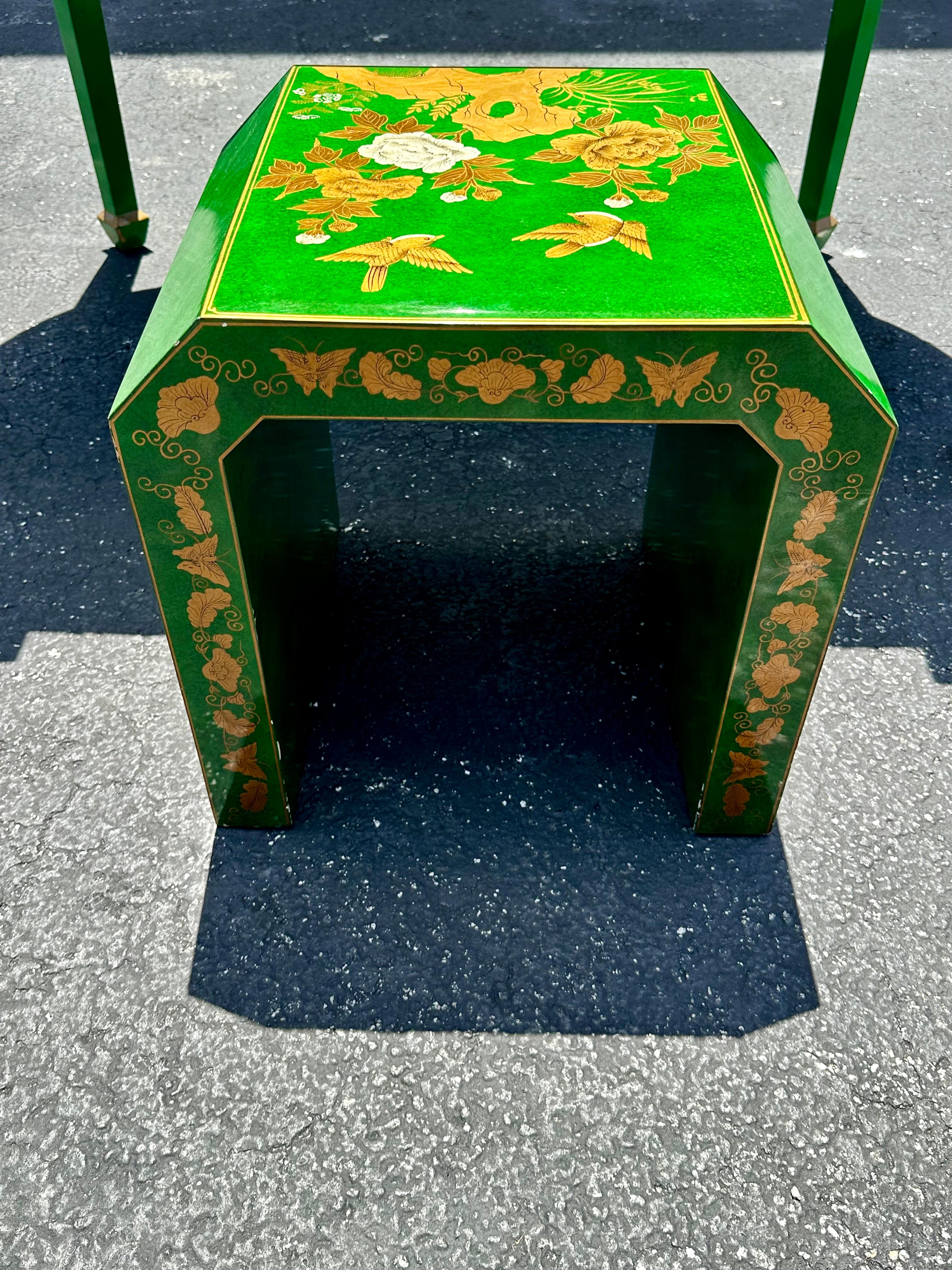 Sgabello da scrivania Chinoiserie anni '70 dipinto a mano in verde malachite, Set di 2 in vendita 10