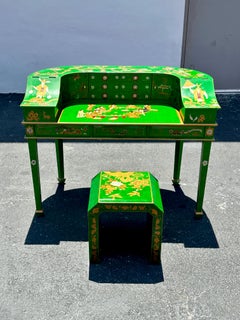 1970s Chinoiserie Hand Painted Malachite Green Desk Stool, Set of 2