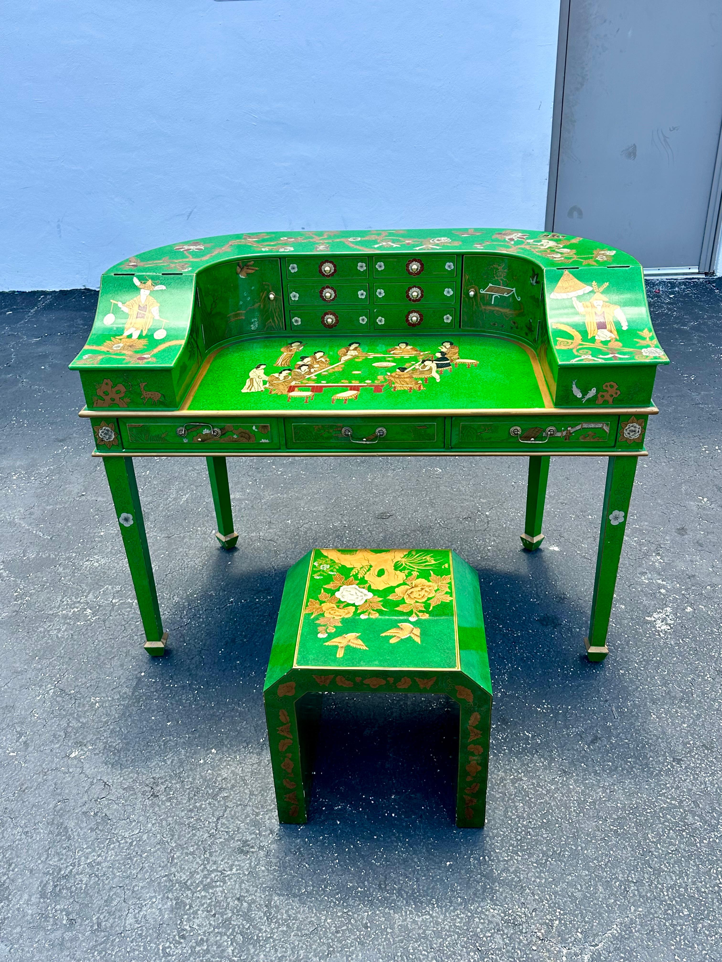 Sgabello da scrivania Chinoiserie anni '70 dipinto a mano in verde malachite, Set di 2 In condizioni buone in vendita a Fort Lauderdale, FL