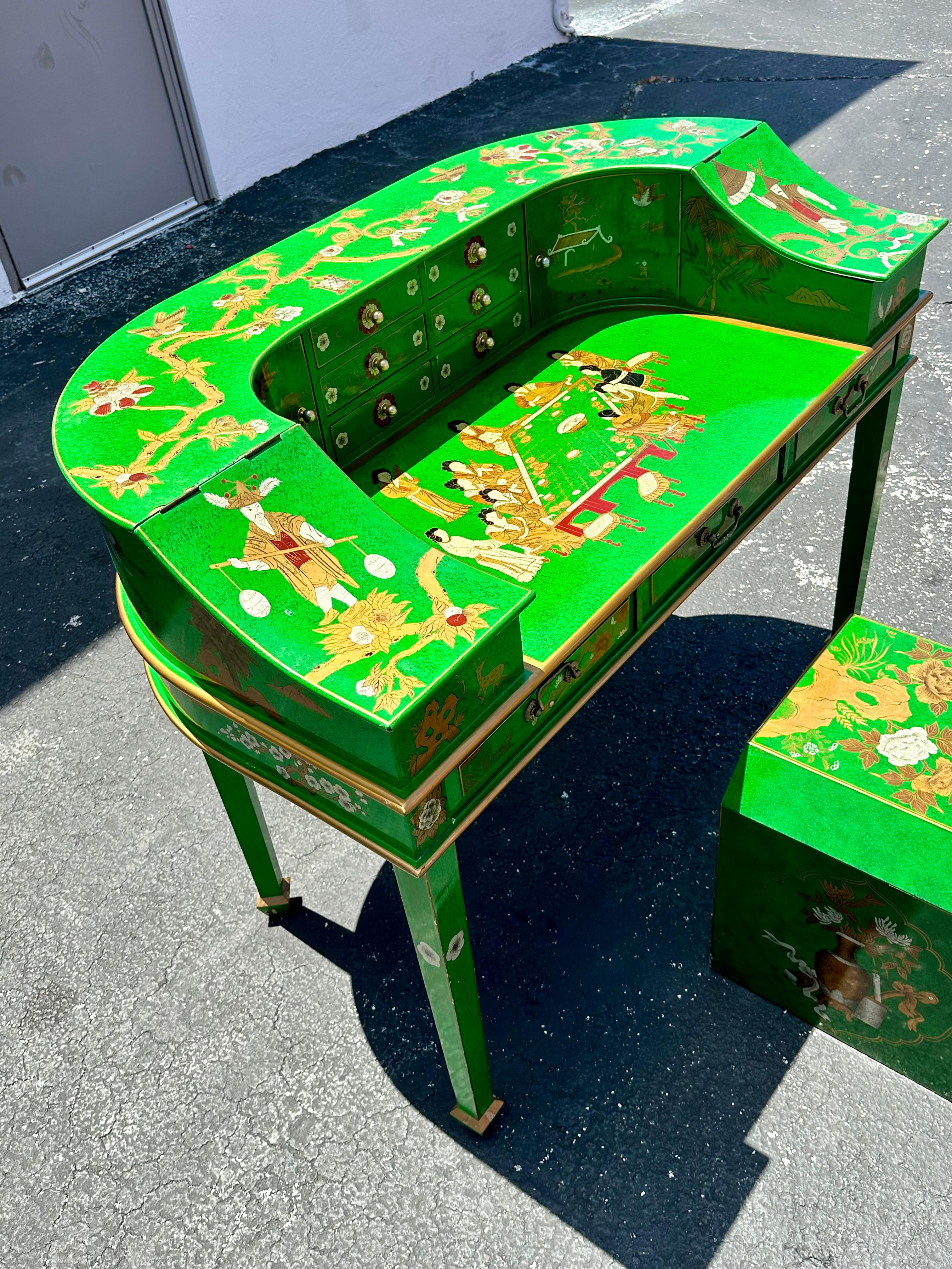 Fine XX secolo Sgabello da scrivania Chinoiserie anni '70 dipinto a mano in verde malachite, Set di 2 in vendita